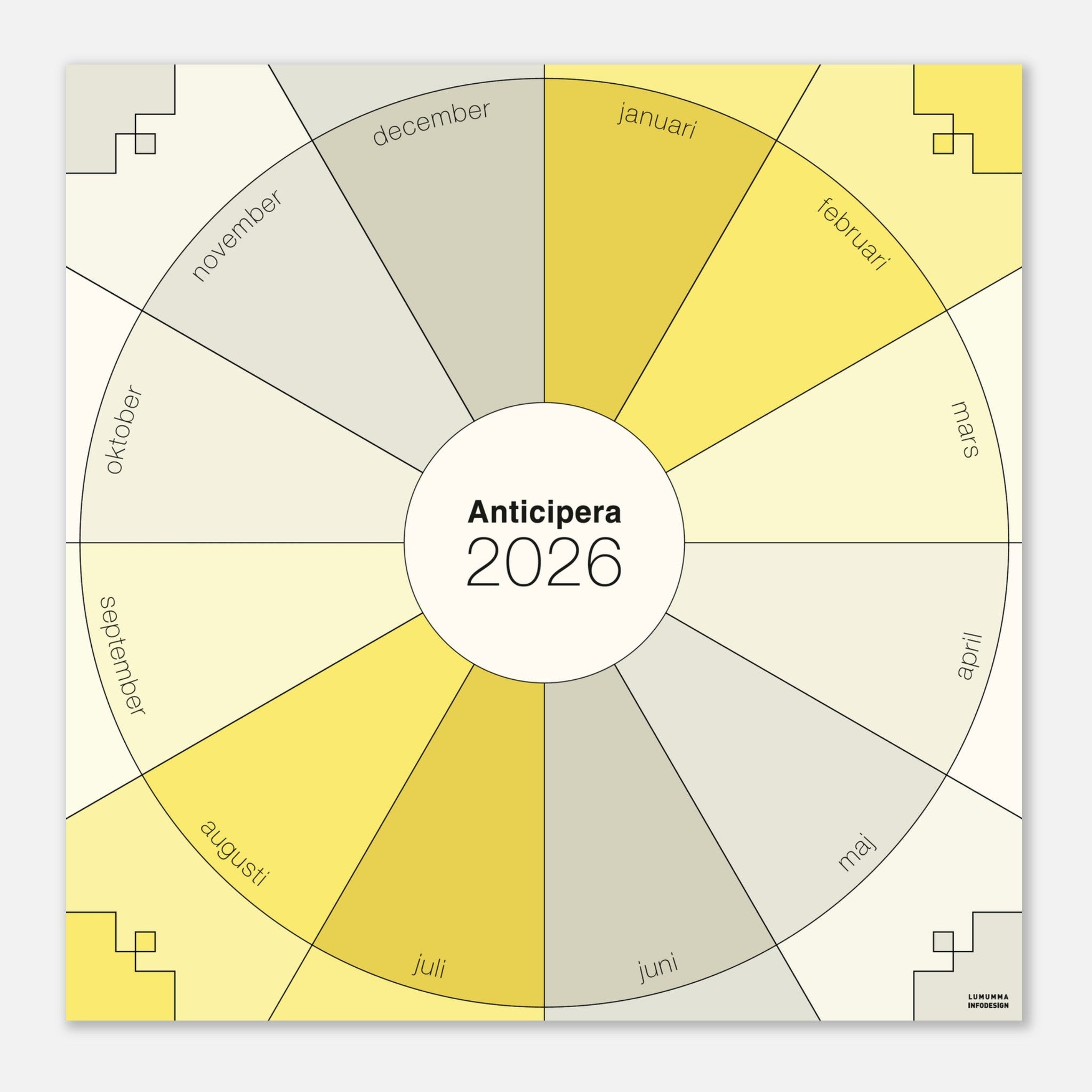 Anticipera Väggplanerare i geometrisk stil med färger i gråbeige och gula toner. I mitten står texten Anticipera 2026.