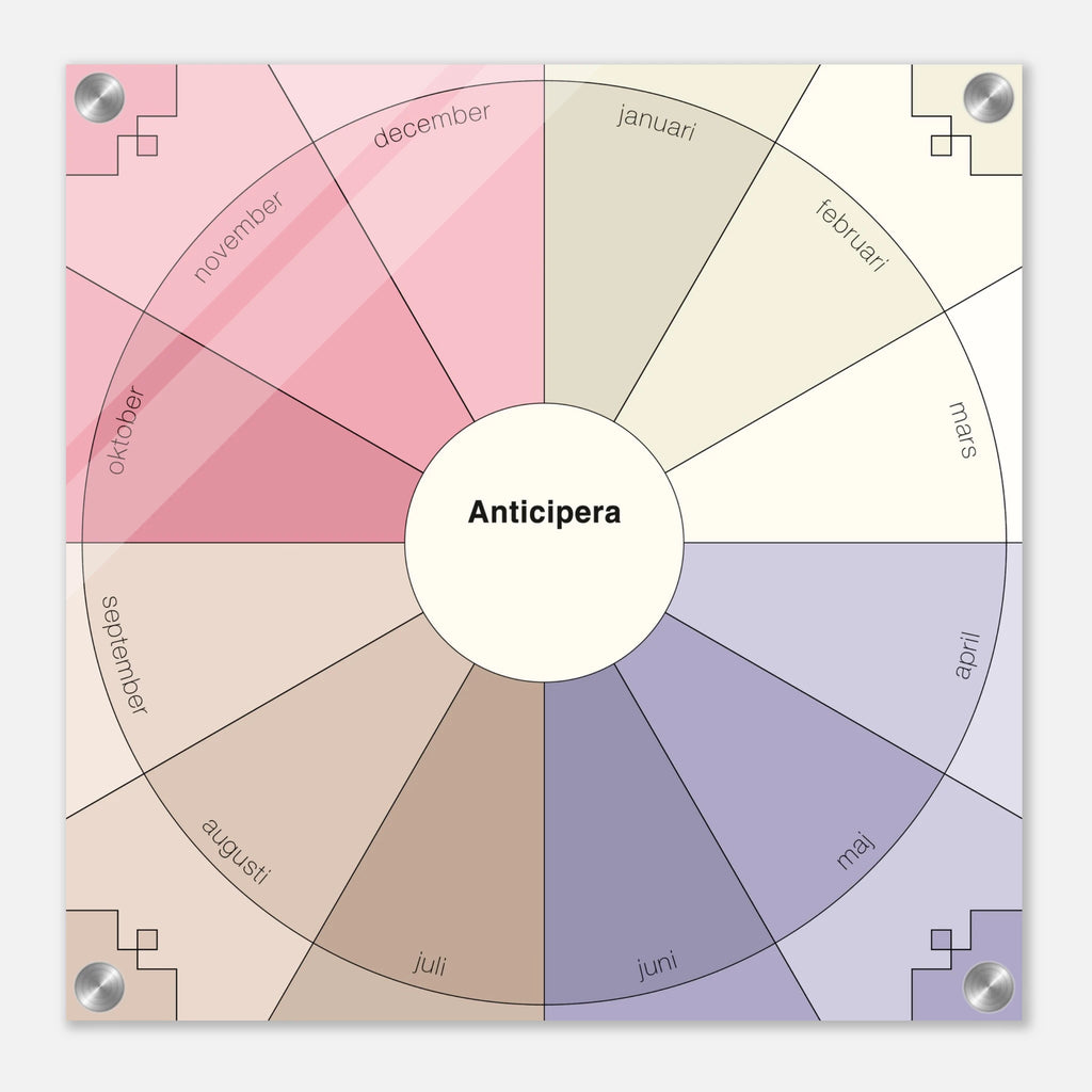 Anticipera Evighetsplanerare i geometrisk stil och färgerna rosa, lila, offwhite och brunt. I mitten står ordet Anticipera. 