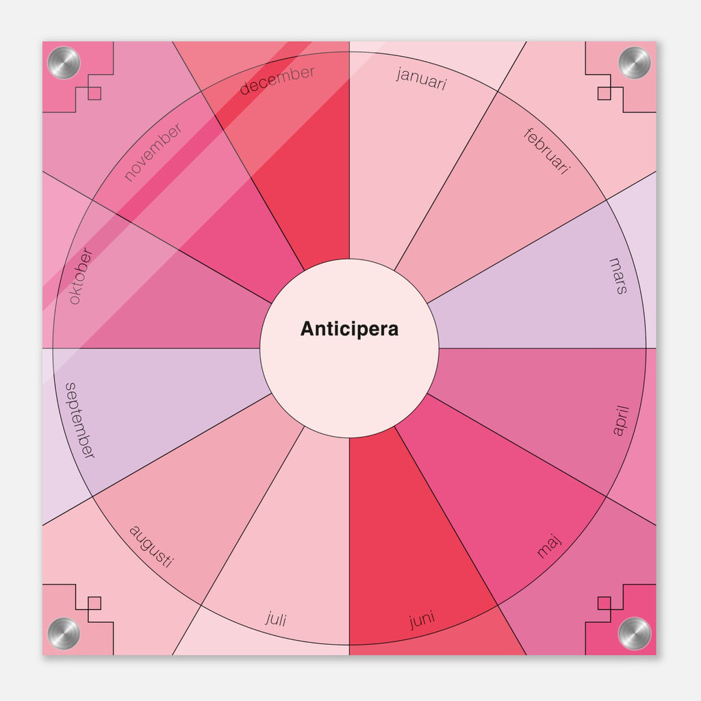 Evighetsplanerare årshjul i rosa, cerise, rosaröd,ljusrosa, lila och gammelrosa. I mitten av det geometriska årshjulet står det Anticipera.