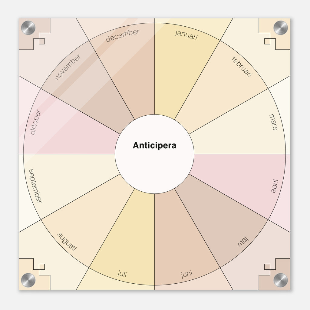 En Anticipera Evighetsplanerare i sex olika champagnefärger - från blek champagnegula toner till sparkling rosérosa. Ordet Anticipera står i mitten av cirkeln. 