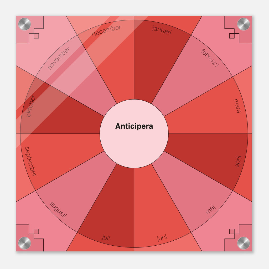 Evighetsplanerare årshjul i två röda färgtoner och en rosa färgton I mitten av det geometriska årshjulet står det Anticipera.