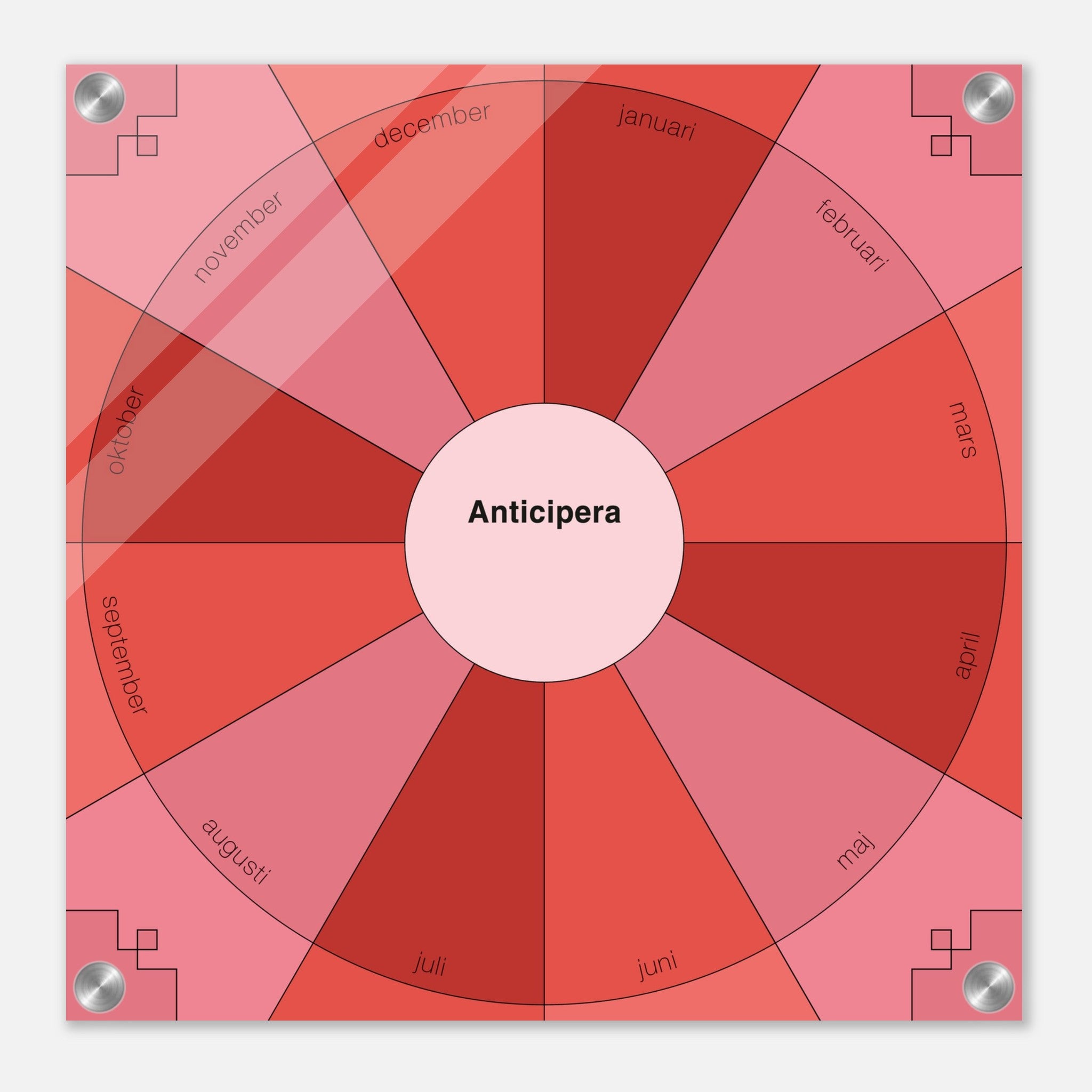 Evighetsplanerare årshjul i två röda färgtoner och en rosa färgton I mitten av det geometriska årshjulet står det Anticipera.
