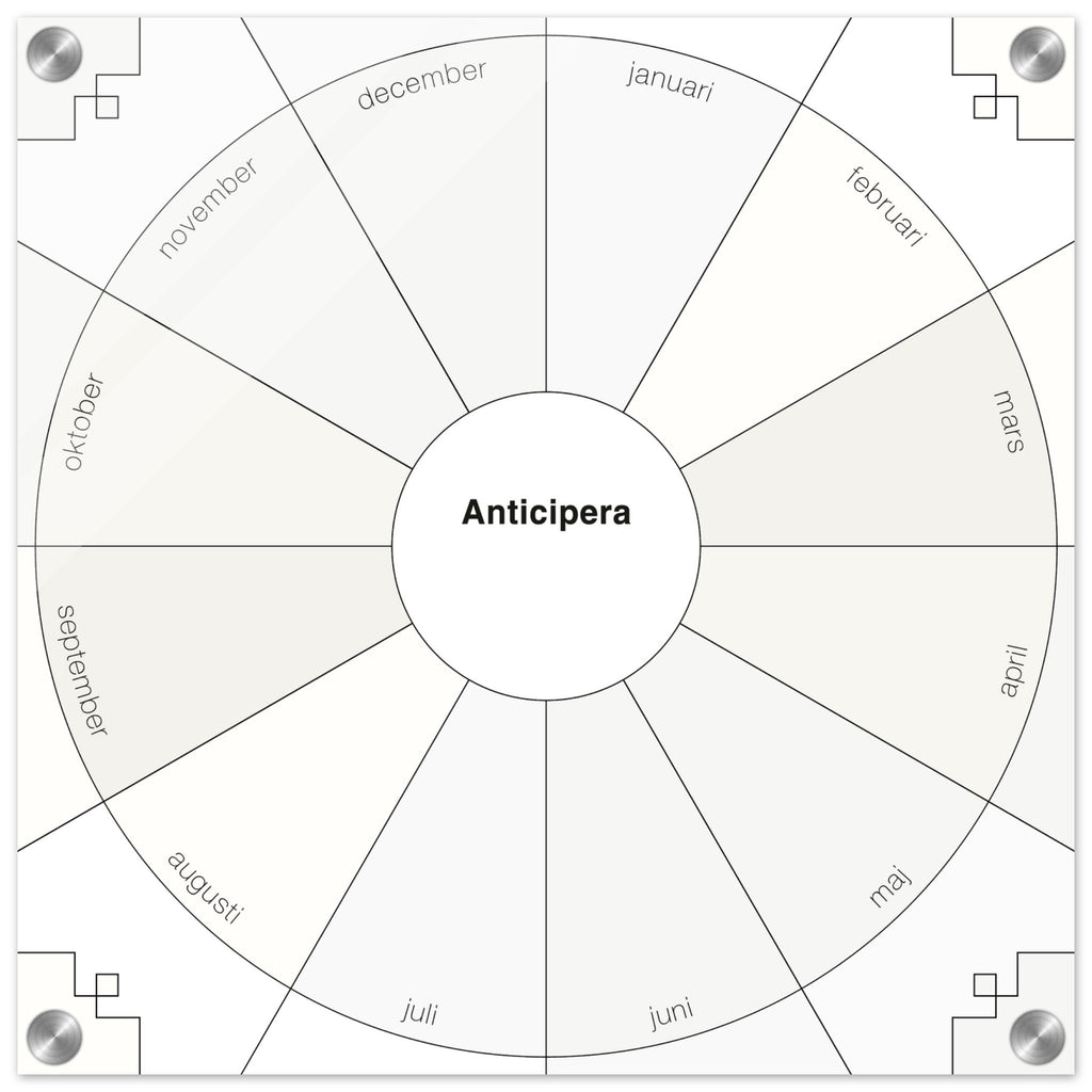 Evighetsplanerare årshjul i vita toner. I mitten av det geometriska årshjulet står det Anticipera.