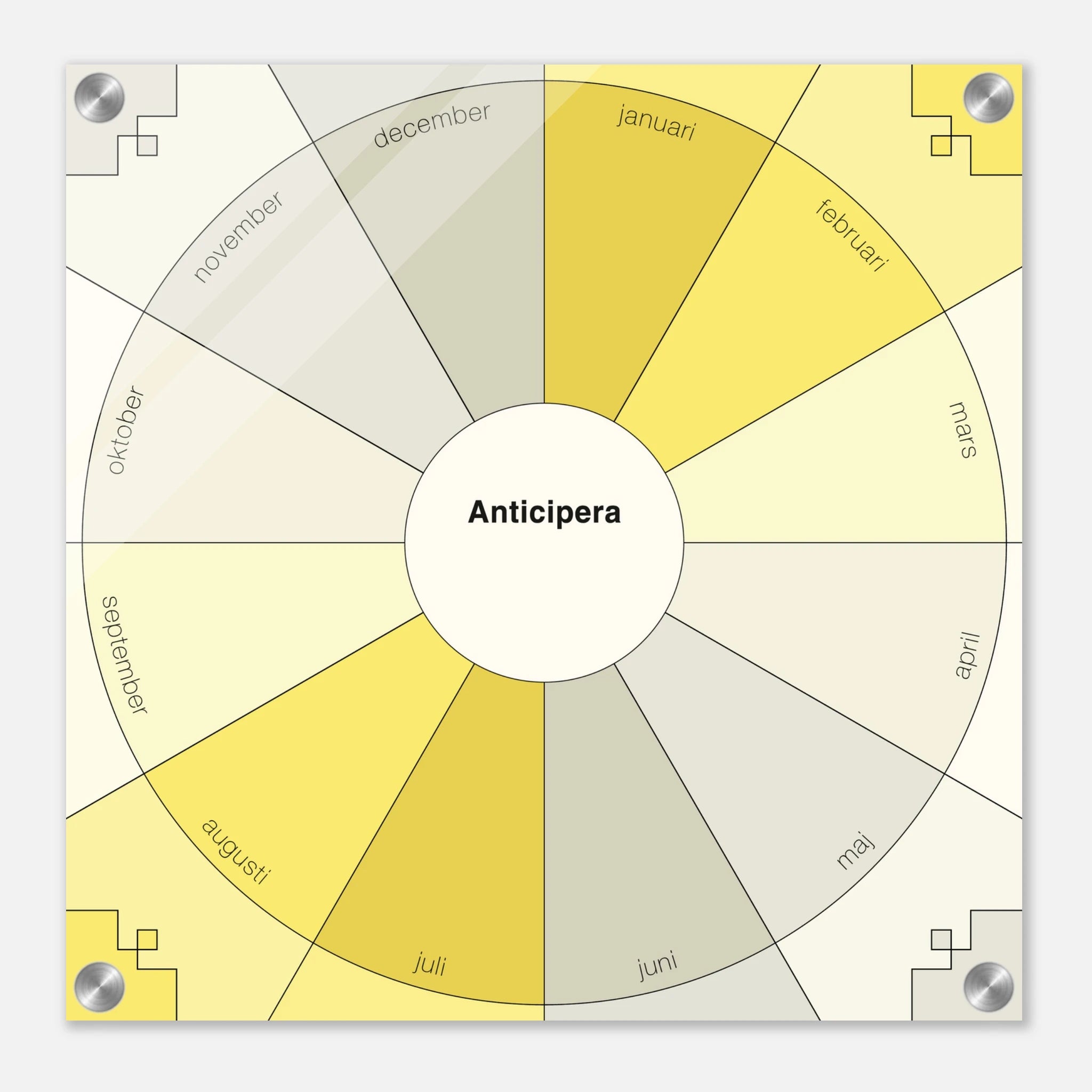 Anticipera Evighetsplanerare i geometrisk  stil med färger i gråbeige och gula toner. I mitten står texten Anticipera.