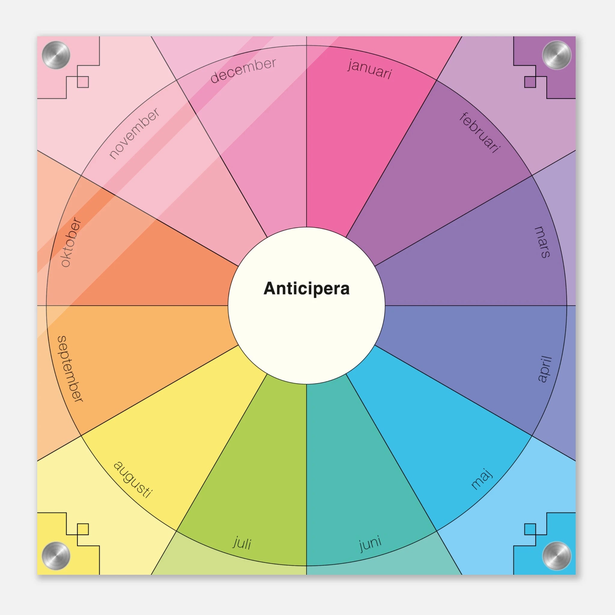 Anticipera evighetsplanerare i geometrisk stil och färgerna gammelrosa, rosa, lila, blå, turkosgrön, limegrön, gul och orange. I mitten står texten Anticipera. 