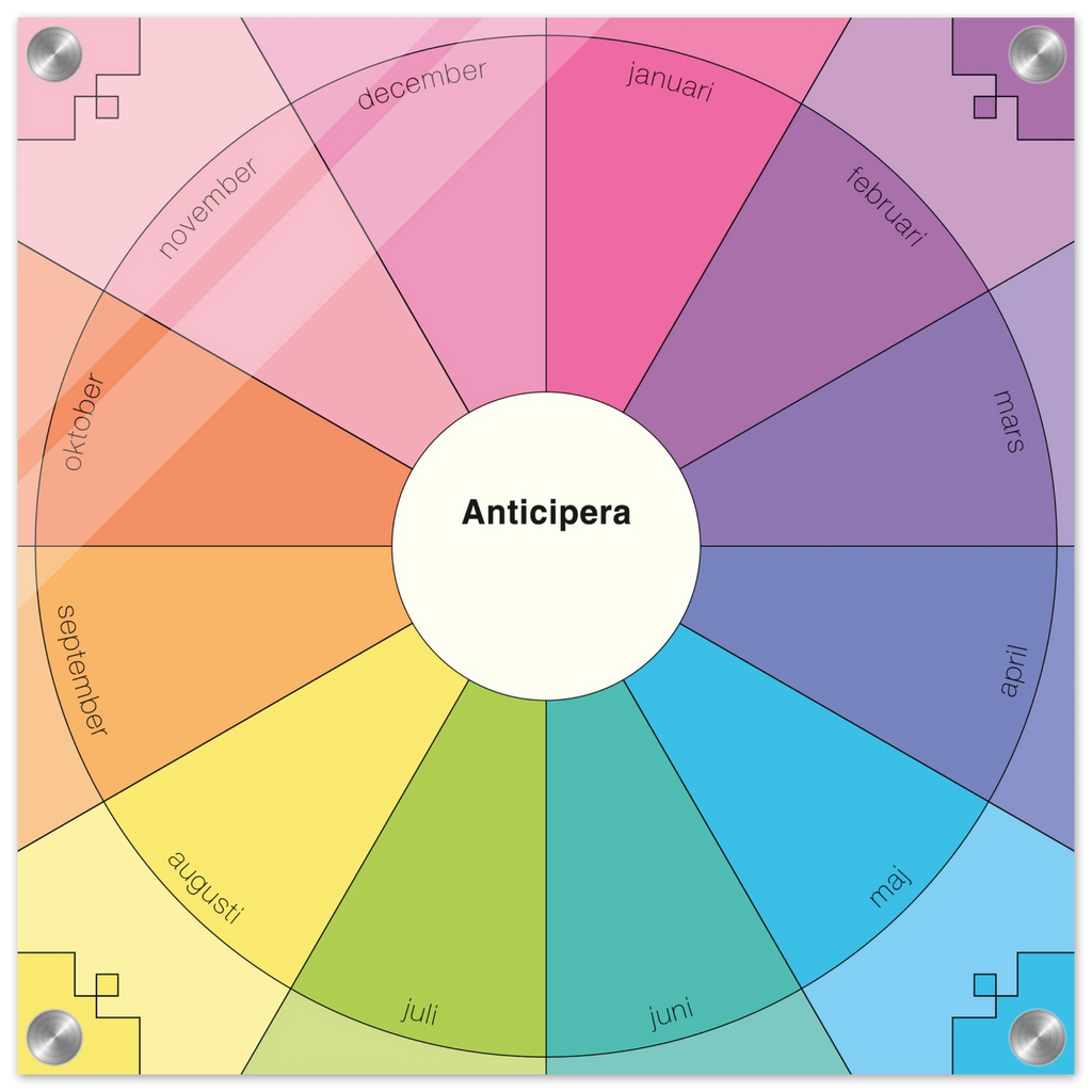 Anticipera evighetsplanerare i geometrisk stil och färgerna gammelrosa, rosa, lila, blå, turkosgrön, limegrön, gul och orange. I mitten står texten Anticipera. 