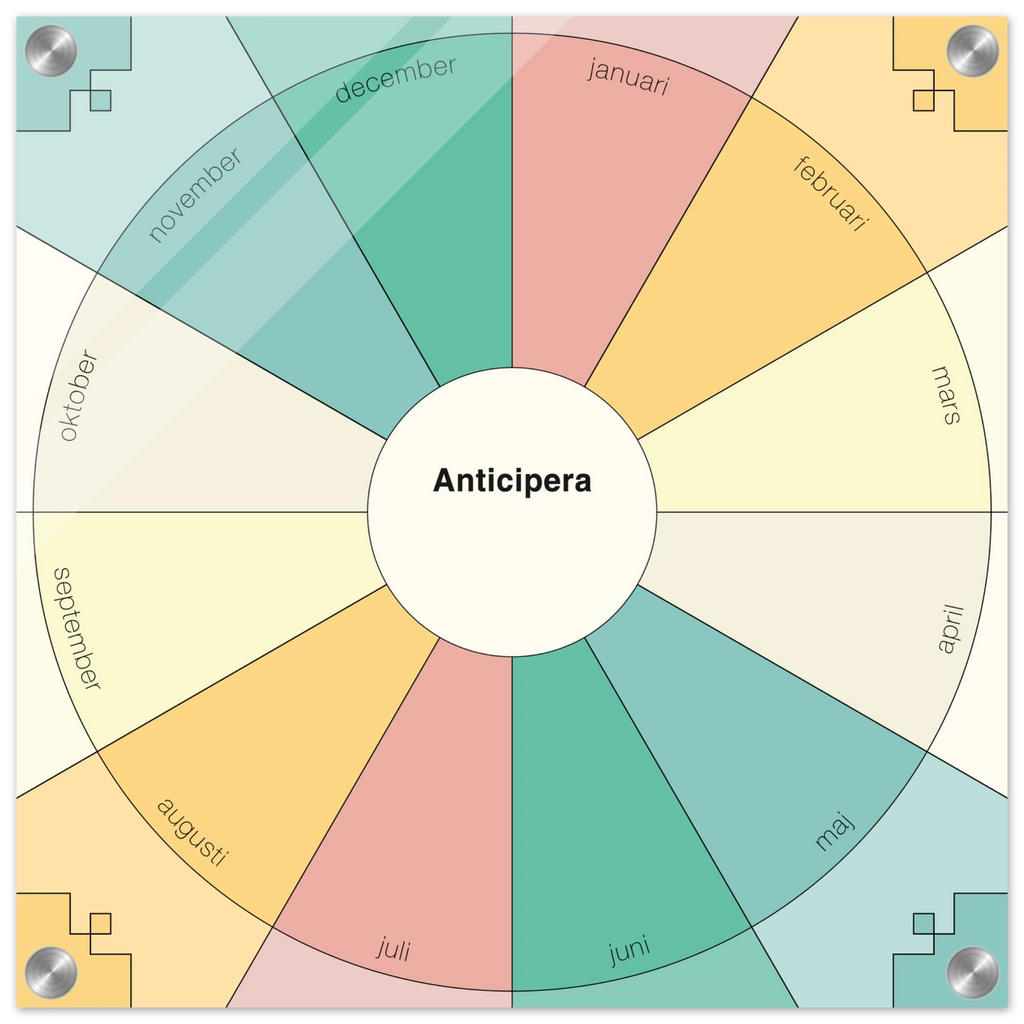 Anticipera Evighetsplanerare i geometrisk stil och färgerna gammelrosa, gult, offwhite, turkosgrön. I mitten står texten Anticipera.