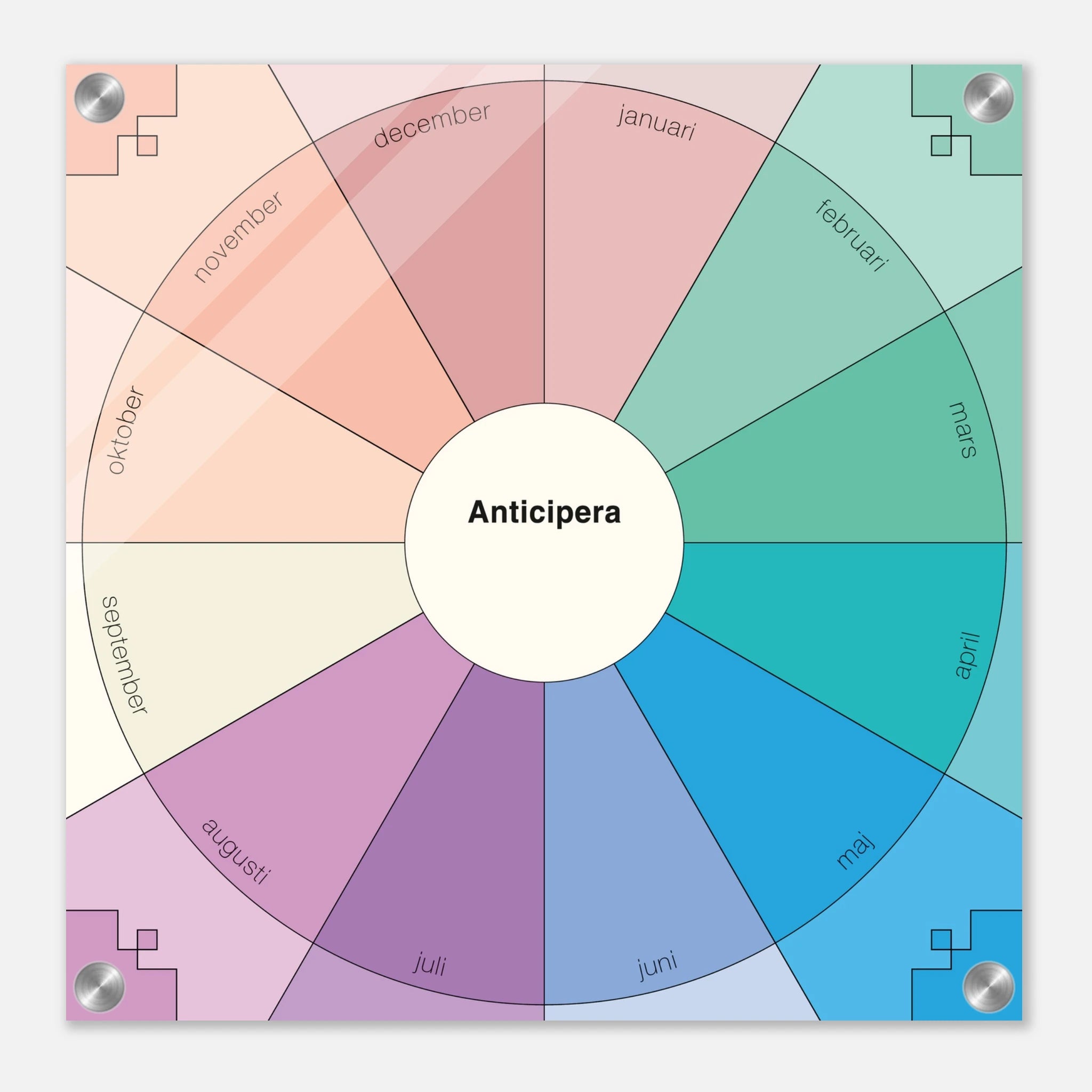 Anticipera Evighetsplanerare i geometrisk stil och färger i toner av lila, offwhite, indigo, blått, turkos och grönt blandat med persika och gammelrosa. I mitten står texten Anticipera.