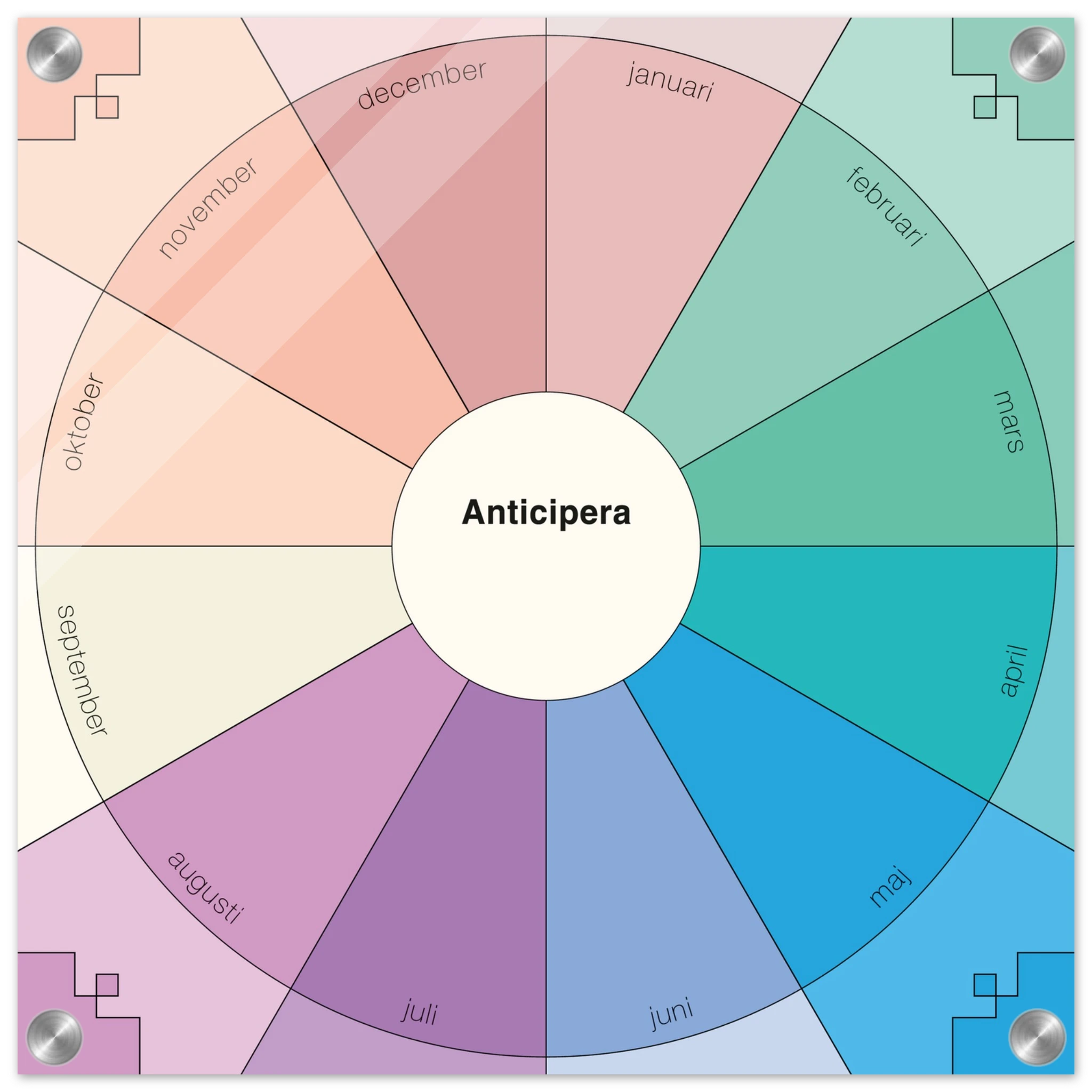 Anticipera Evighetsplanerare i geometrisk stil och färger i toner av lila, offwhite, indigo, blått, turkos och grönt blandat med persika och gammelrosa. I mitten står texten Anticipera.