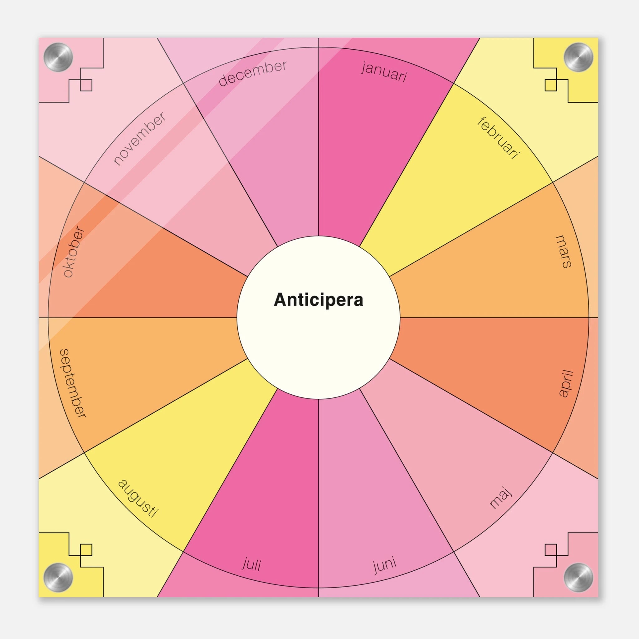 Anticipera Evighetsplanerare i geometrisk stil och färgerna rosa, gammelrosa gul och orange. I mitten står texten Anticipera. 