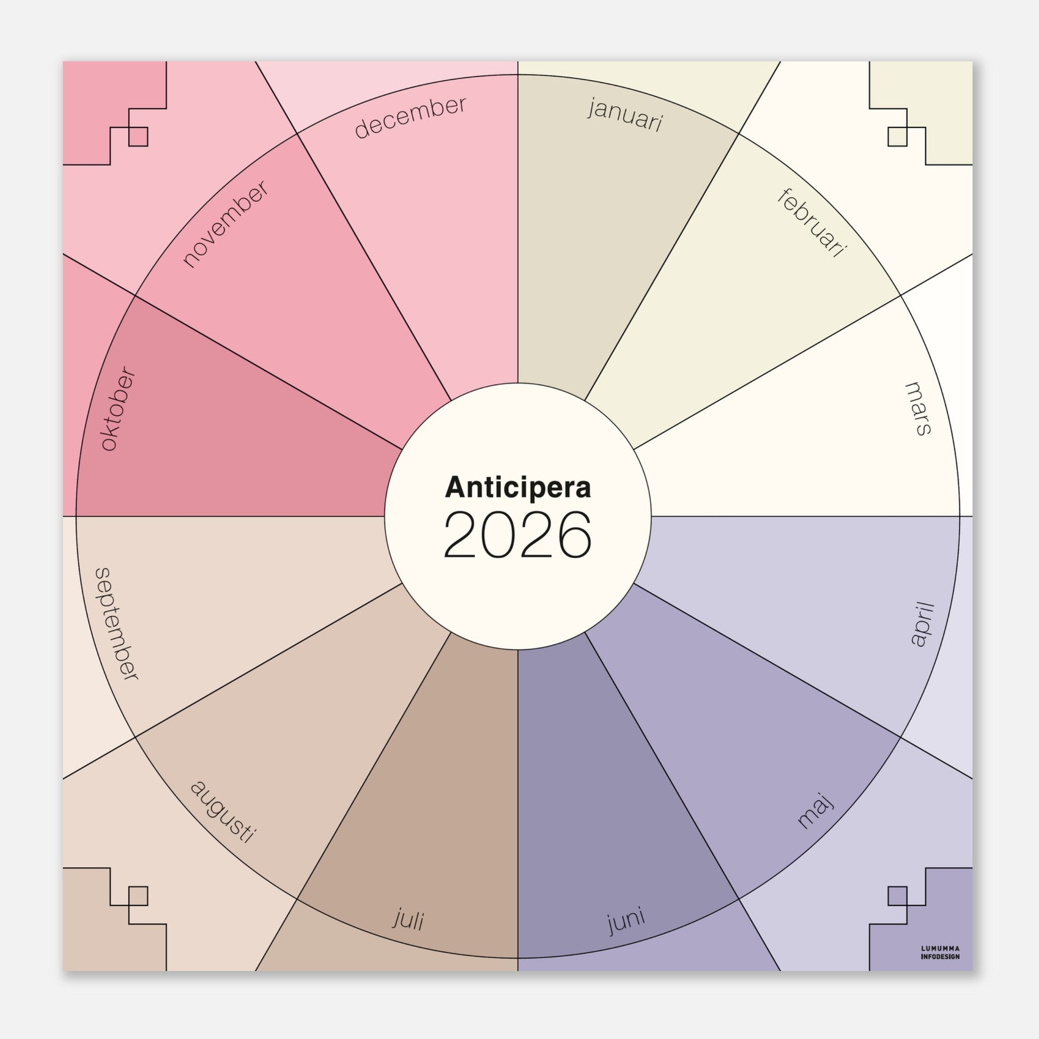 Anticipera väggplanerare i geometrisk stil och färgerna rosa, lila, offwhite och brunt.