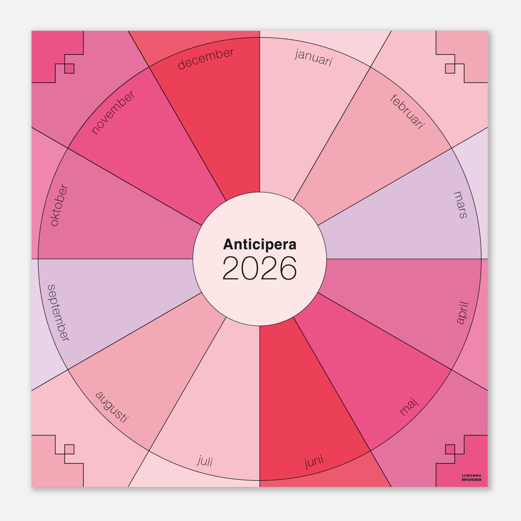 Väggplanerare årshjul i rosa, cerise, rosaröd,ljusrosa, lila och gammelrosa. I mitten av det geometriska årshjulet står det Anticipera 2026.