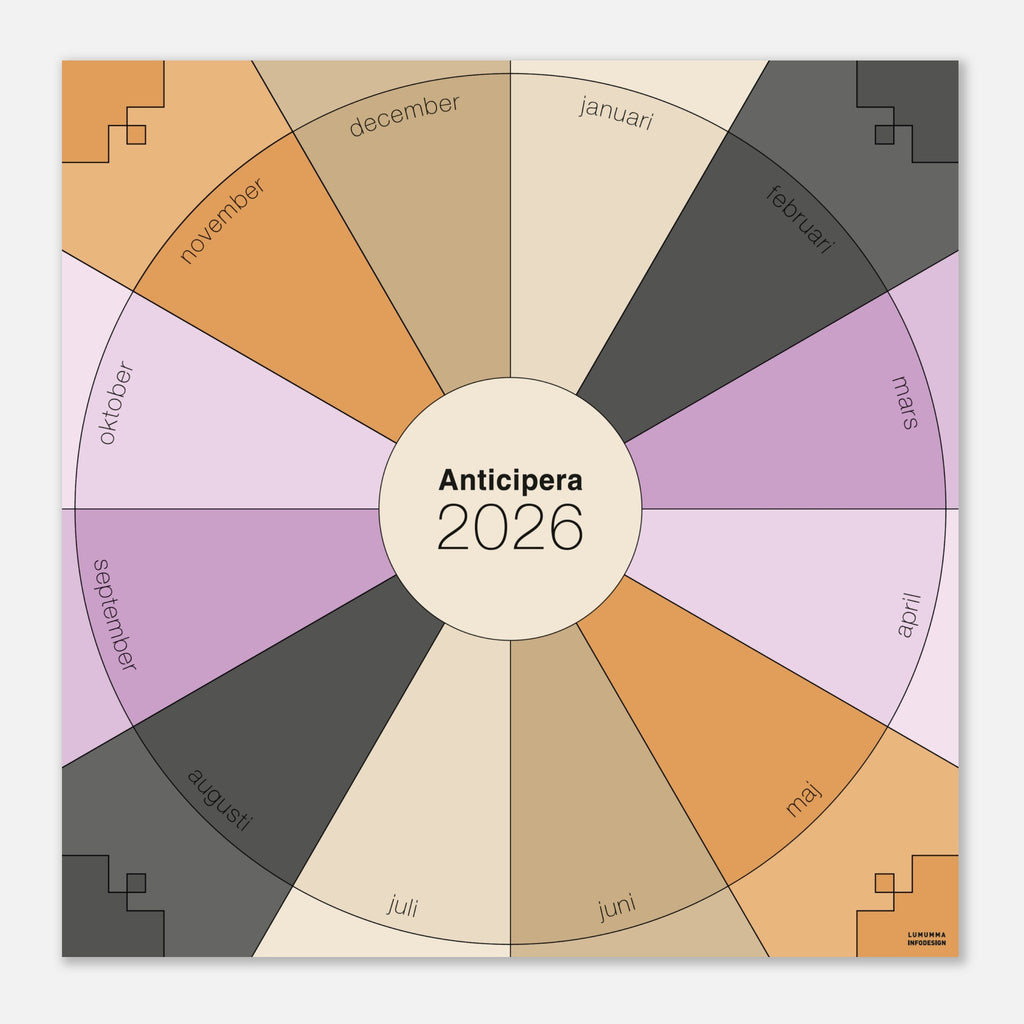 Väggplanerare årshjul i gråsvart, offwhite, ljusbrun, och två lila toner. I mitten av det geometriska årshjulet står det Anticipera 2026.