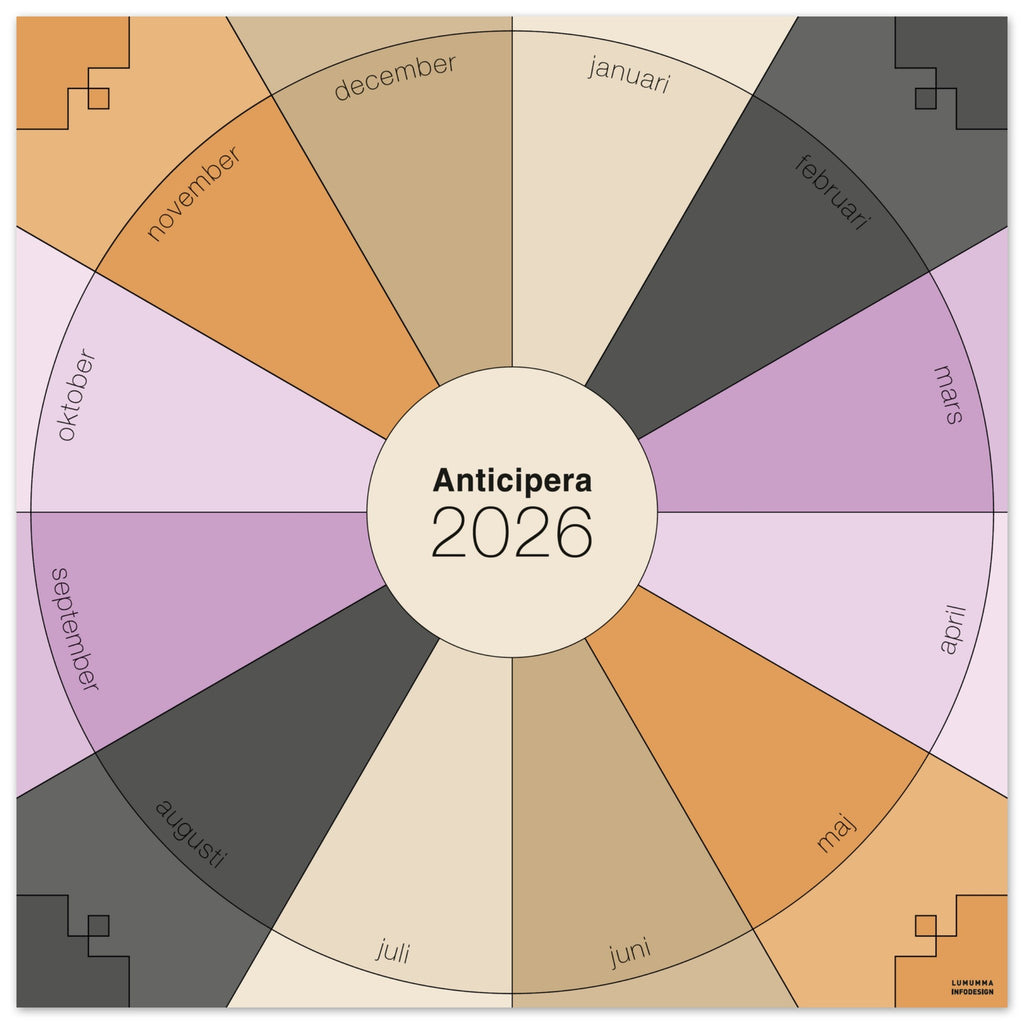 Väggplanerare årshjul i gråsvart, offwhite, ljusbrun, och två lila toner. I mitten av det geometriska årshjulet står det Anticipera 2026.