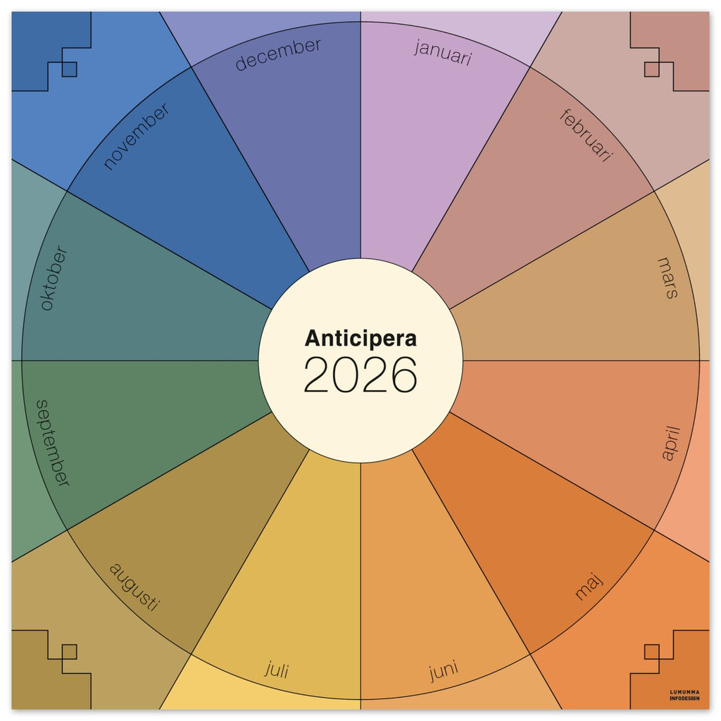 Väggplanerare årshjul med färgerna viol, indigo, gammelrosa, beige, gammelorange, orange, gul, mossgrön, turkos och blå. I mitten av det geometriska årshjulet står det Anticipera 2026.