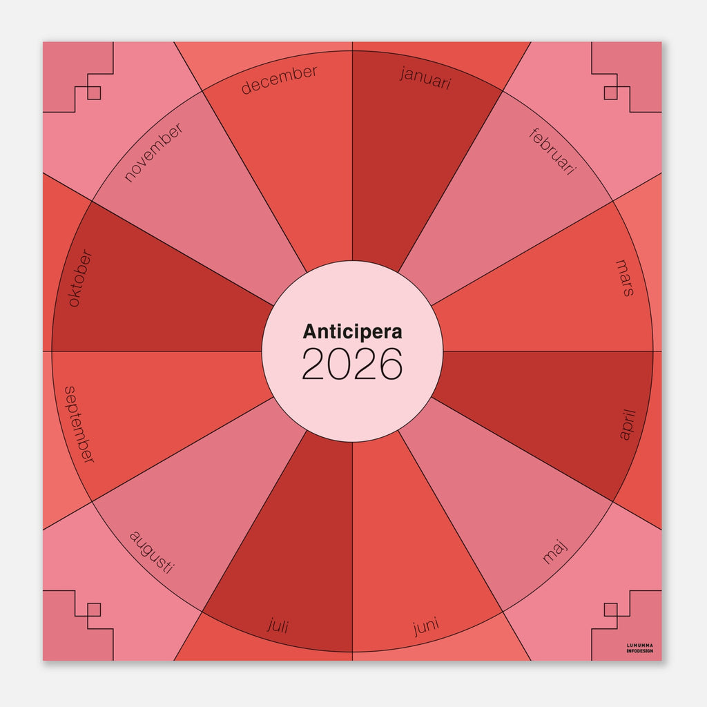 Väggplanerare årshjul i två röda färgtoner och en rosa färgton I mitten av det geometriska årshjulet står det Anticipera 2026.