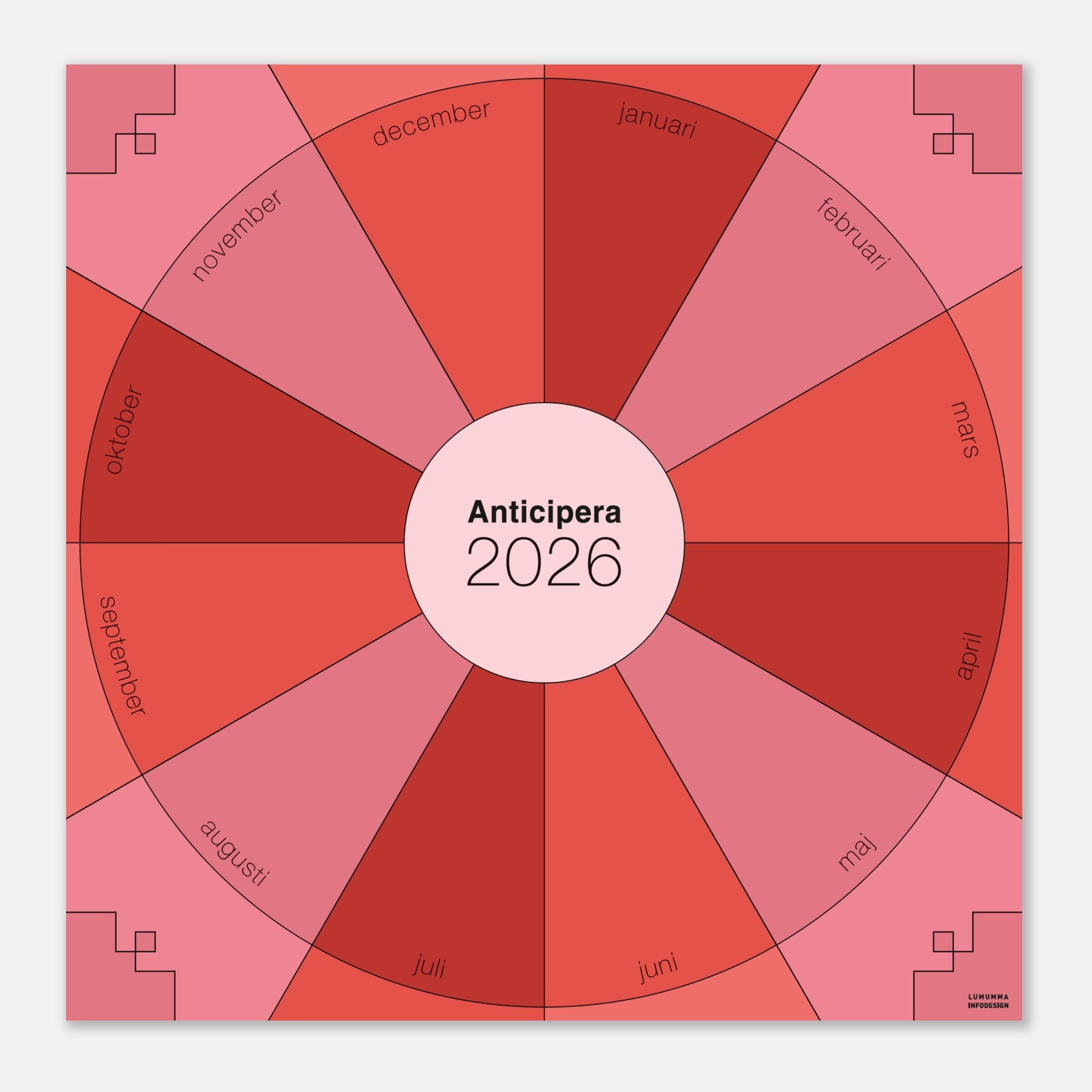 Väggplanerare årshjul i två röda färgtoner och en rosa färgton I mitten av det geometriska årshjulet står det Anticipera 2026.
