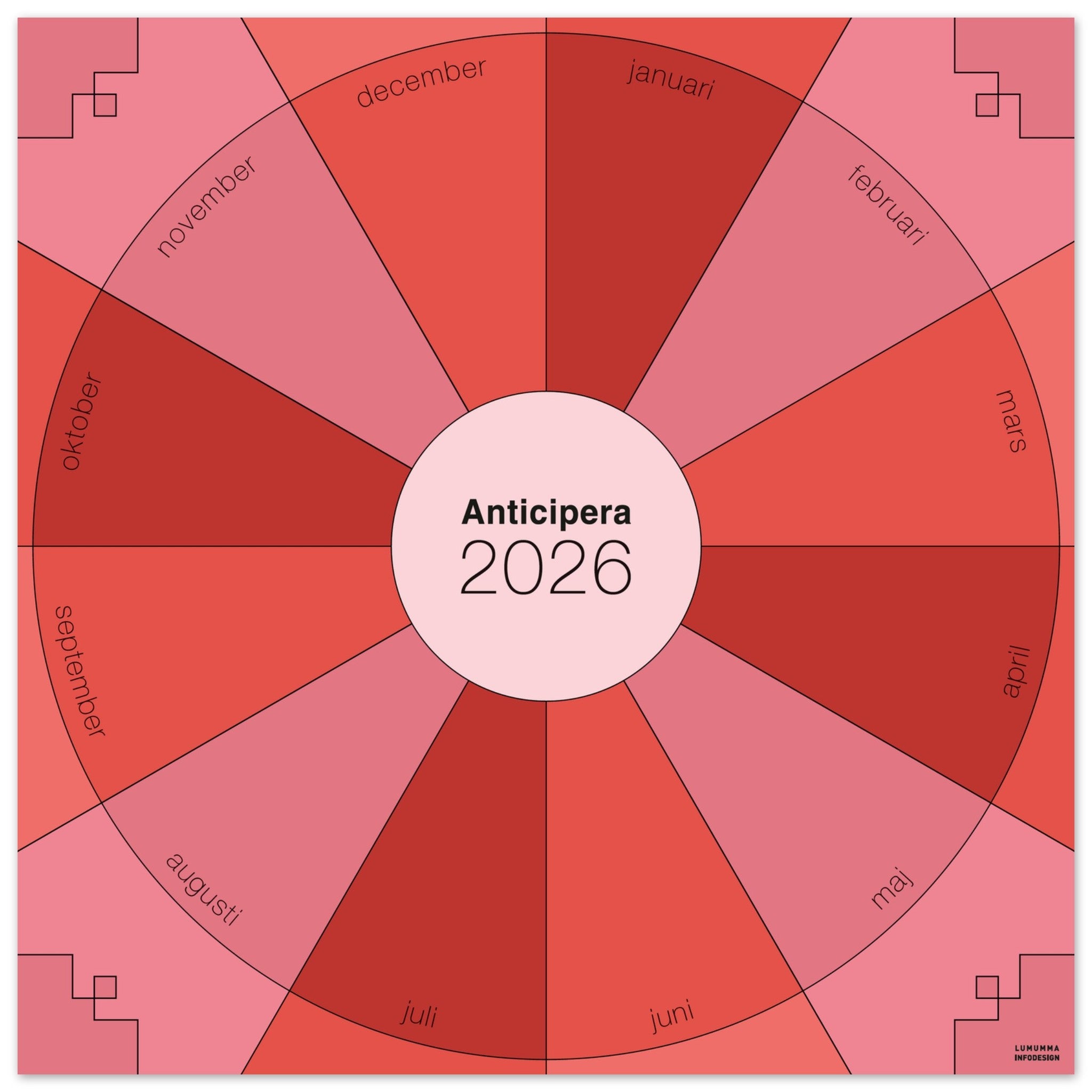 Väggplanerare årshjul i två röda färgtoner och en rosa färgton I mitten av det geometriska årshjulet står det Anticipera 2026.