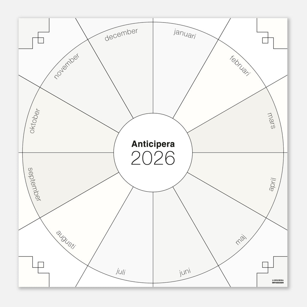 Väggplanerare årshjul i bara vita toner. I mitten av det geometriska årshjulet står det Anticipera 2026.