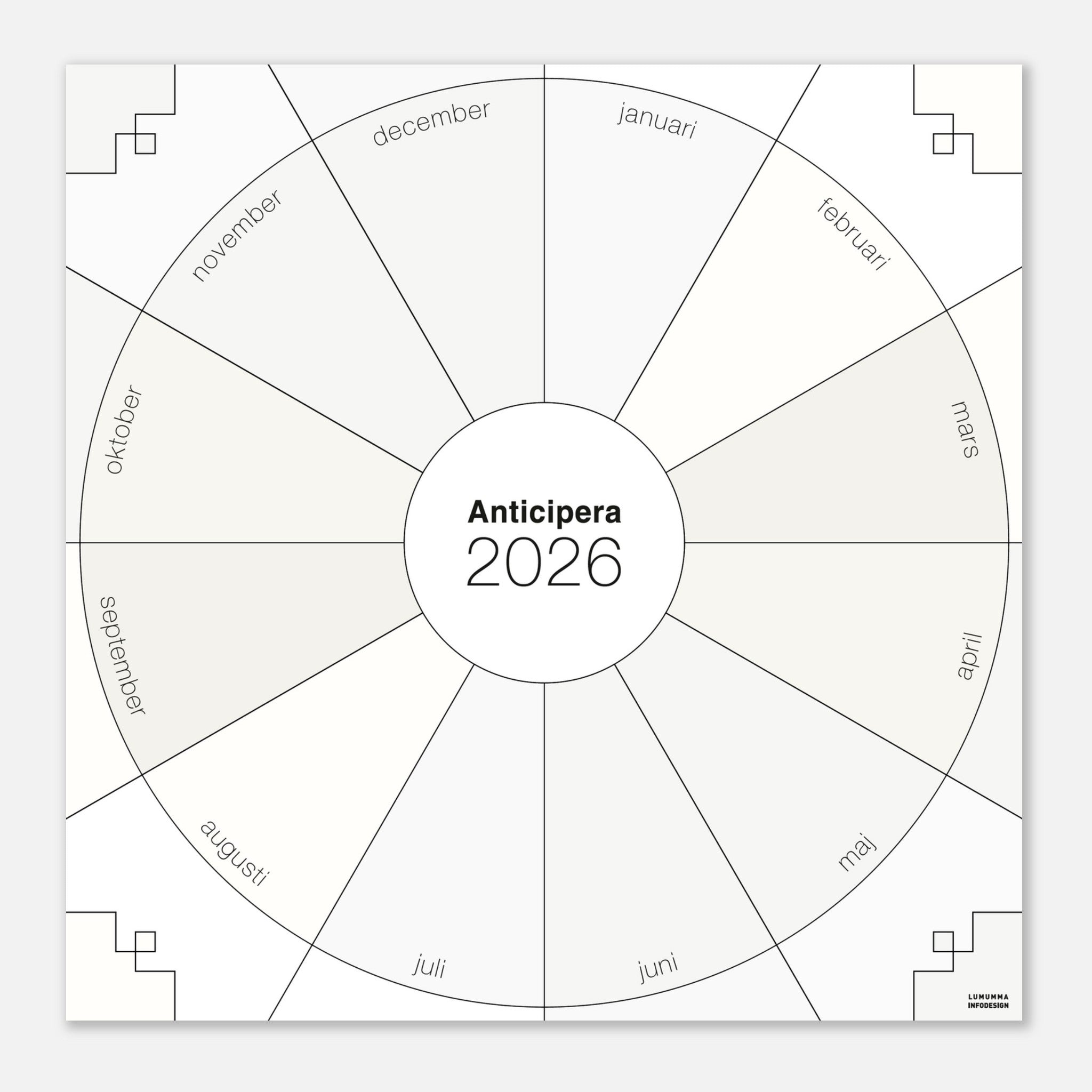 Väggplanerare årshjul i bara vita toner. I mitten av det geometriska årshjulet står det Anticipera 2026.