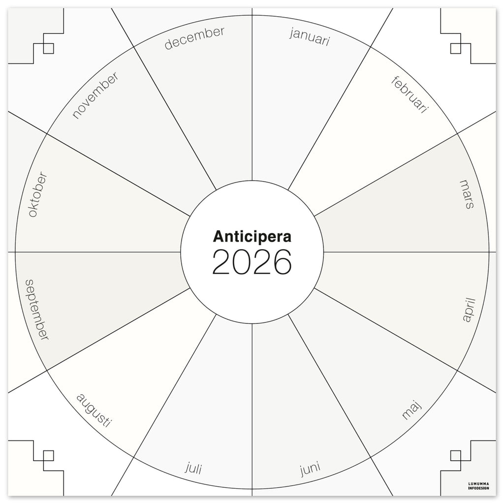 Väggplanerare årshjul i vita toner. I mitten av det geometriska årshjulet står det Anticipera 2026.