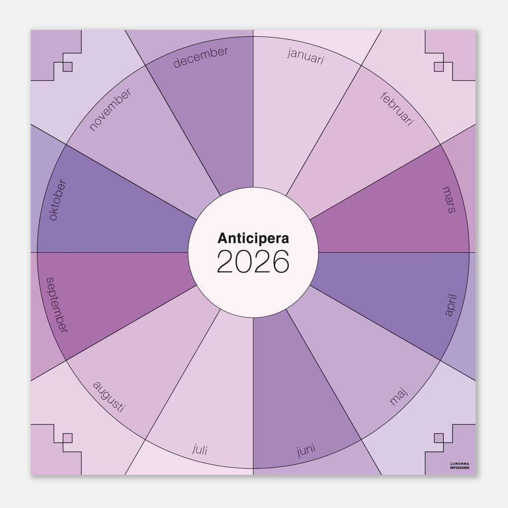 Anticipera väggplanerare i geometrisk stil och olika lila toner. I mitten står texten Anticipera 2026. 