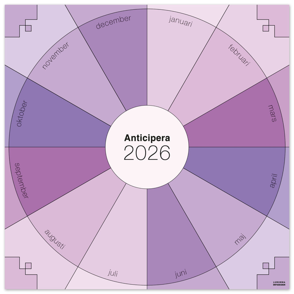 Anticipera väggplanerare i geometrisk stil och olika lila toner. I mitten står texten Anticipera 2026. 