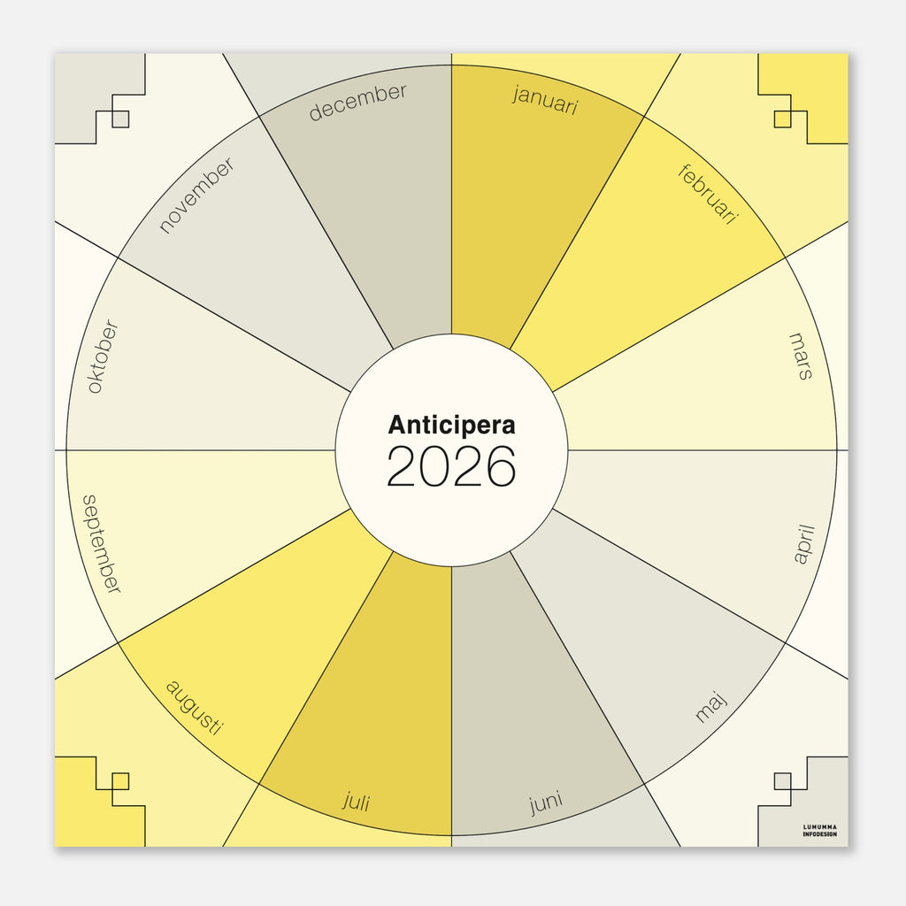 Anticipera Väggplanerare i geometrisk  stil med färger i gråbeige och gula toner. I mitten står texten Anticipera 2026.