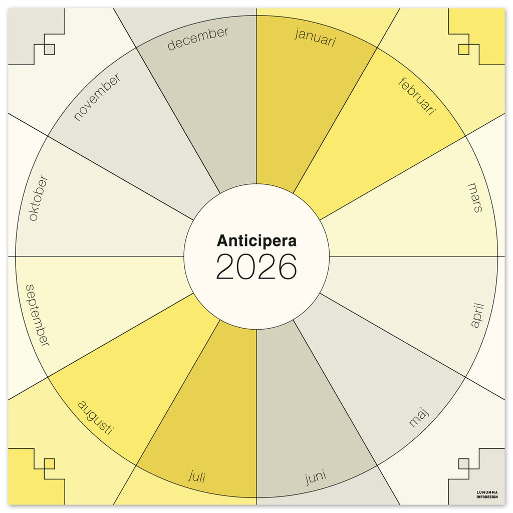 Anticipera Väggplanerare i geometrisk  stil med färger i gråbeige och gula toner. I mitten står texten Anticipera 2026.