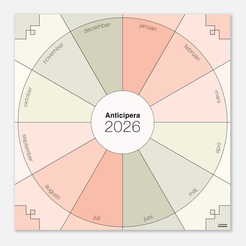 Anticipera väggplanerare i geometrisk stil och färgerna gråbeige och gammelrosa. I mitten står texten Anticipera 2026. 