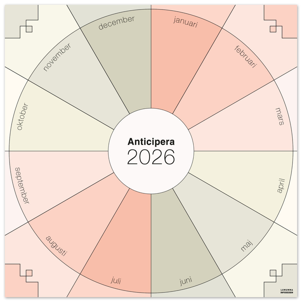 Anticipera väggplanerare i geometrisk stil och färgerna gråbeige och gammelrosa. I mitten står texten Anticipera 2026. 
