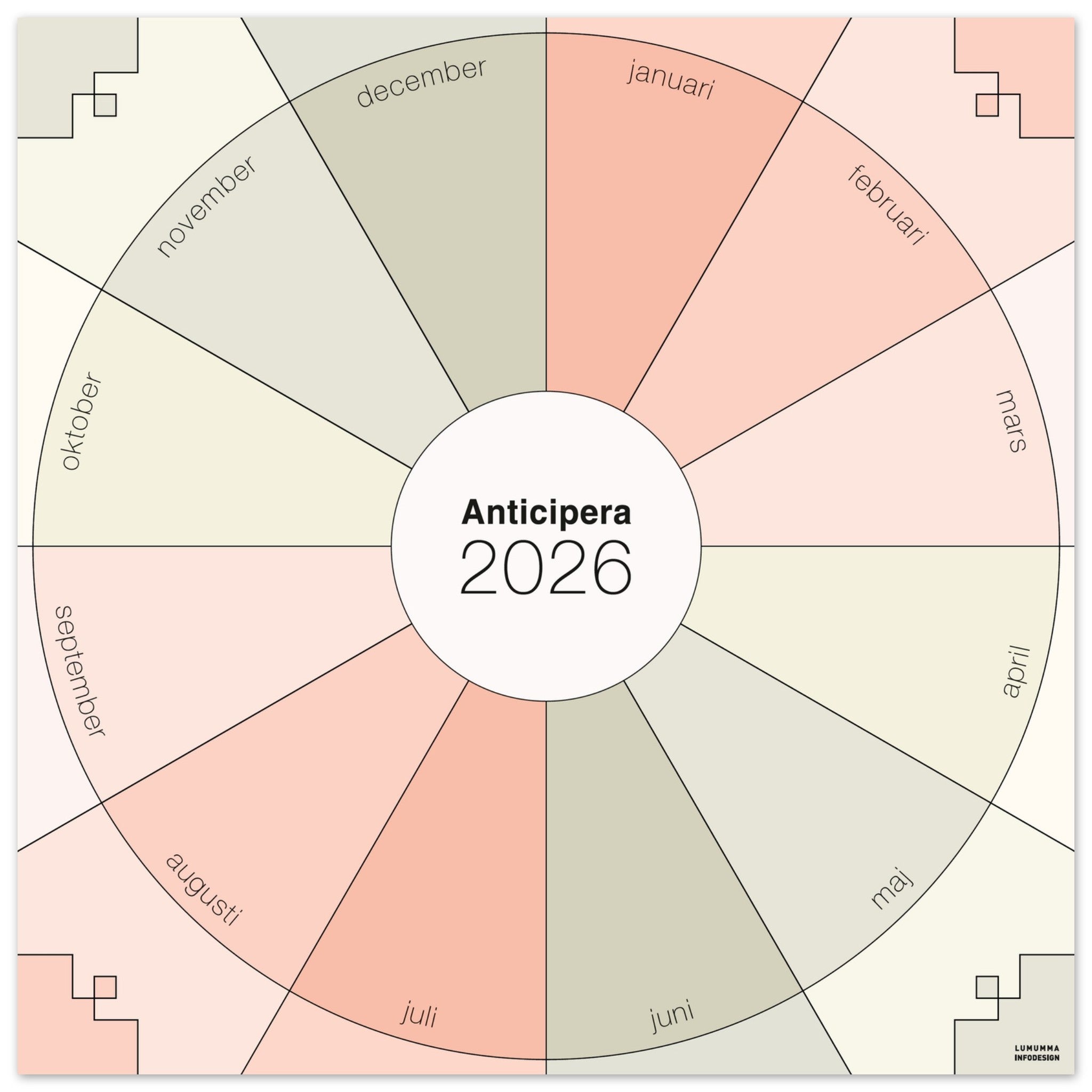 Anticipera väggplanerare i geometrisk stil och färgerna gråbeige och gammelrosa. I mitten står texten Anticipera 2026. 