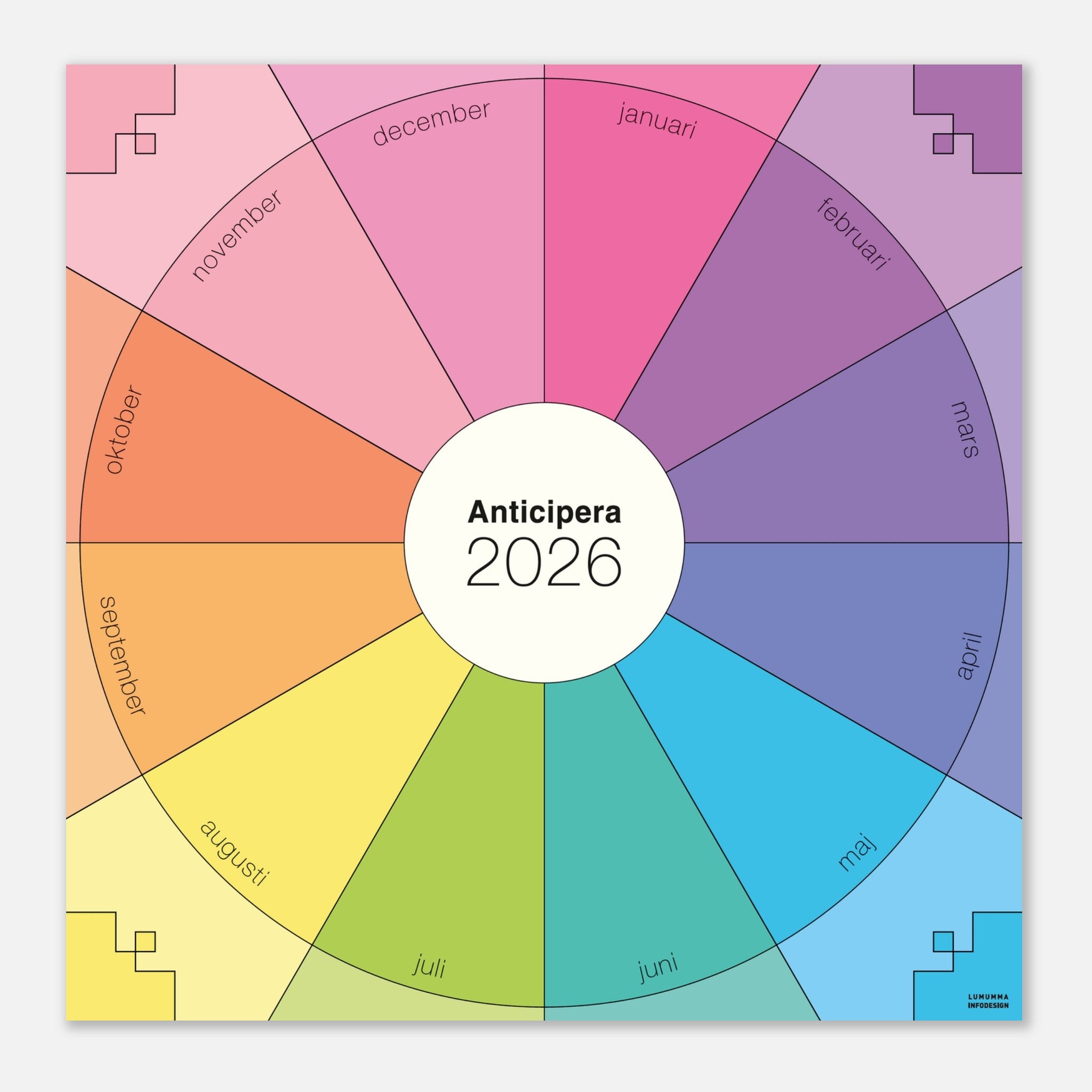 Anticipera väggplanerare i geometrisk stil och färgerna gammelrosa, rosa, lila, blå, turkosgrön, limegrön, gul och orange.