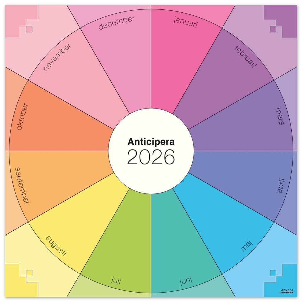 Anticipera väggplanerare i geometrisk stil och färgerna gammelrosa, rosa, lila, blå, turkosgrön, limegrön, gul och orange.