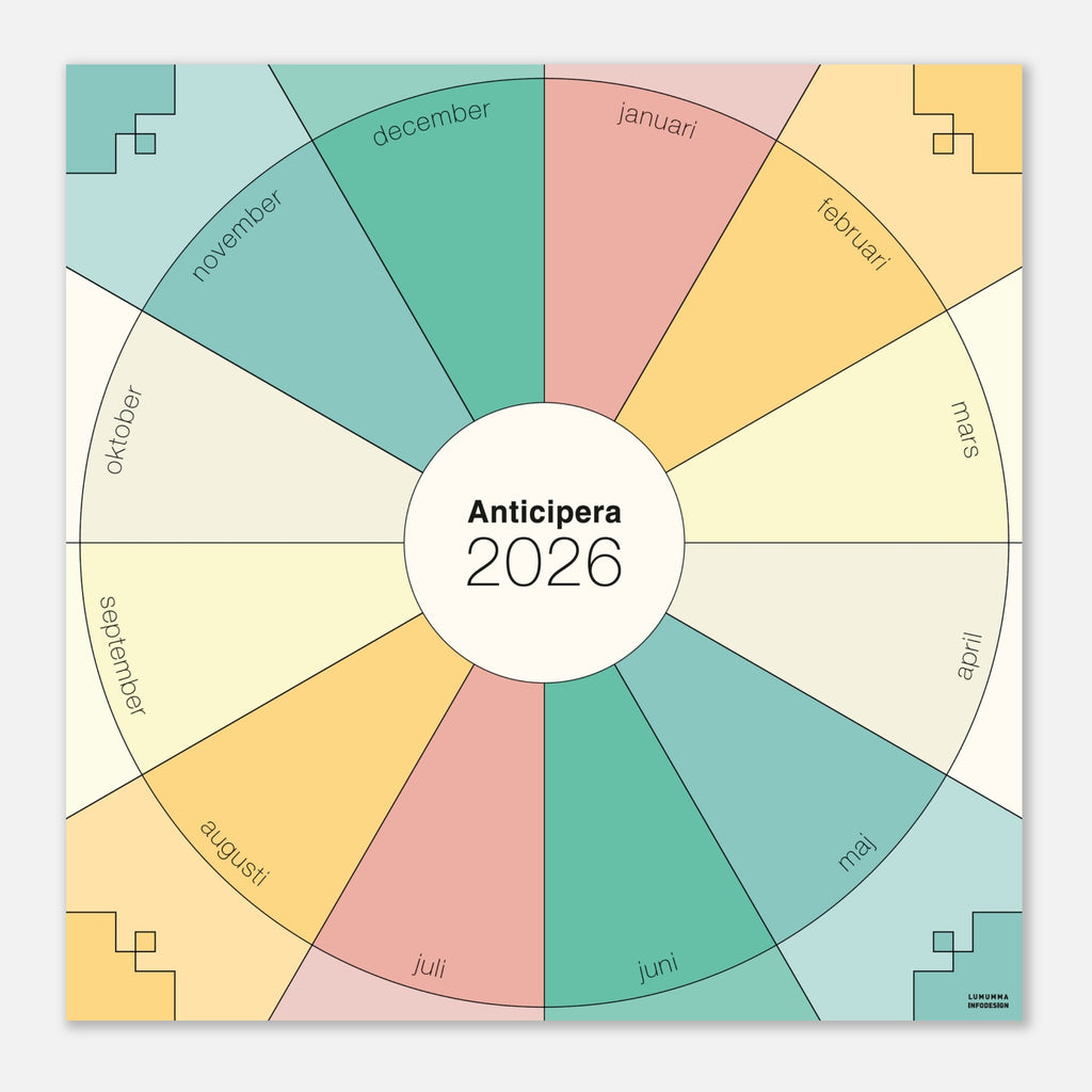 Anticipera väggplanerare i geometrisk stil och färgerna gammelrosa, gult, offwhite, turkosgrön. I mitten står texten Anticipera 2026.