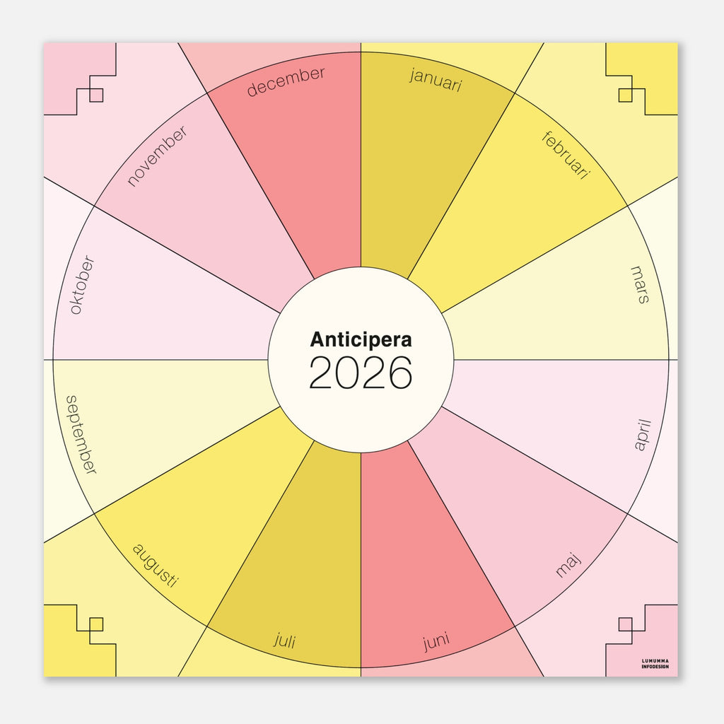 Anticipera väggplanerare i geometrisk stil och färgerna gammelrosa, ljusrosa och tre gula toner. I mitten står texten Anticipera 2026.