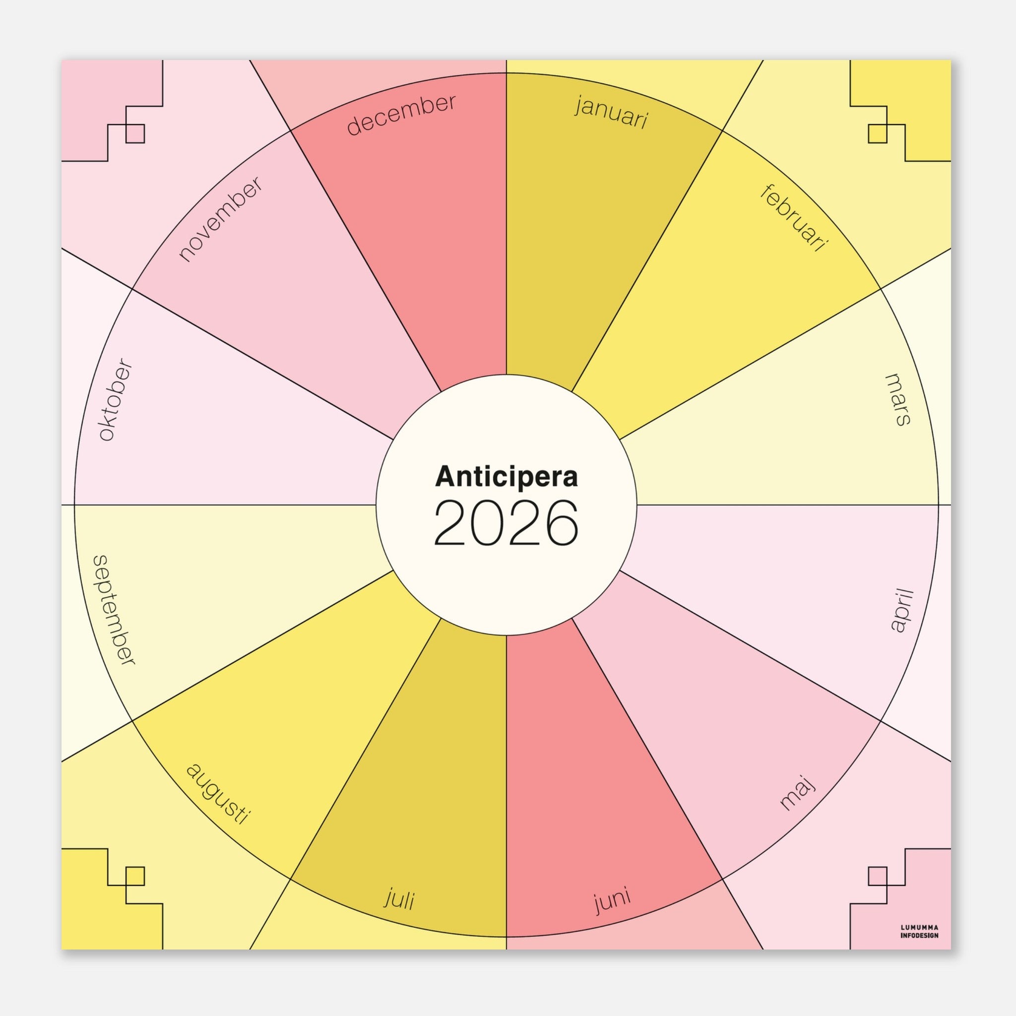 Anticipera väggplanerare i geometrisk stil och färgerna gammelrosa, ljusrosa och tre gula toner. I mitten står texten Anticipera 2026.