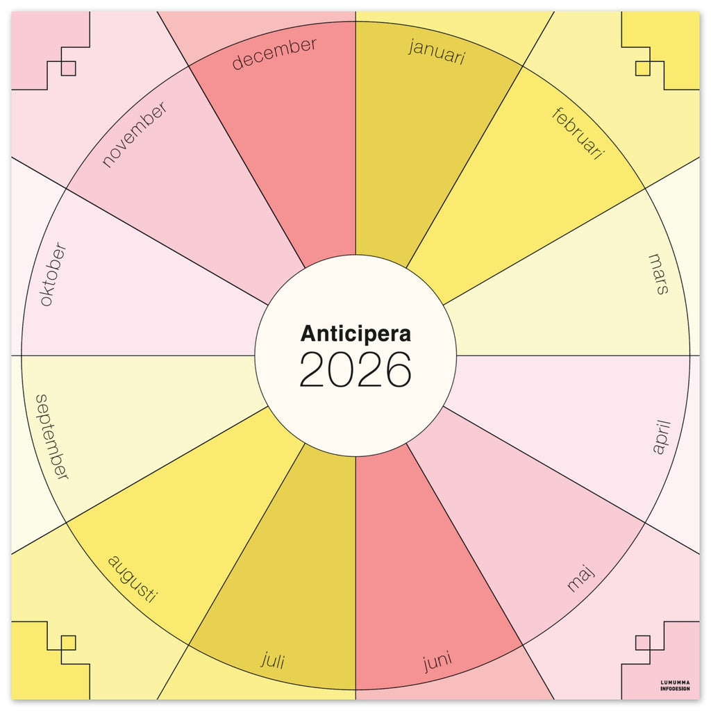 Anticipera väggplanerare i geometrisk stil och färgerna gammelrosa, ljusrosa och tre gula toner. I mitten står texten Anticipera 2026.