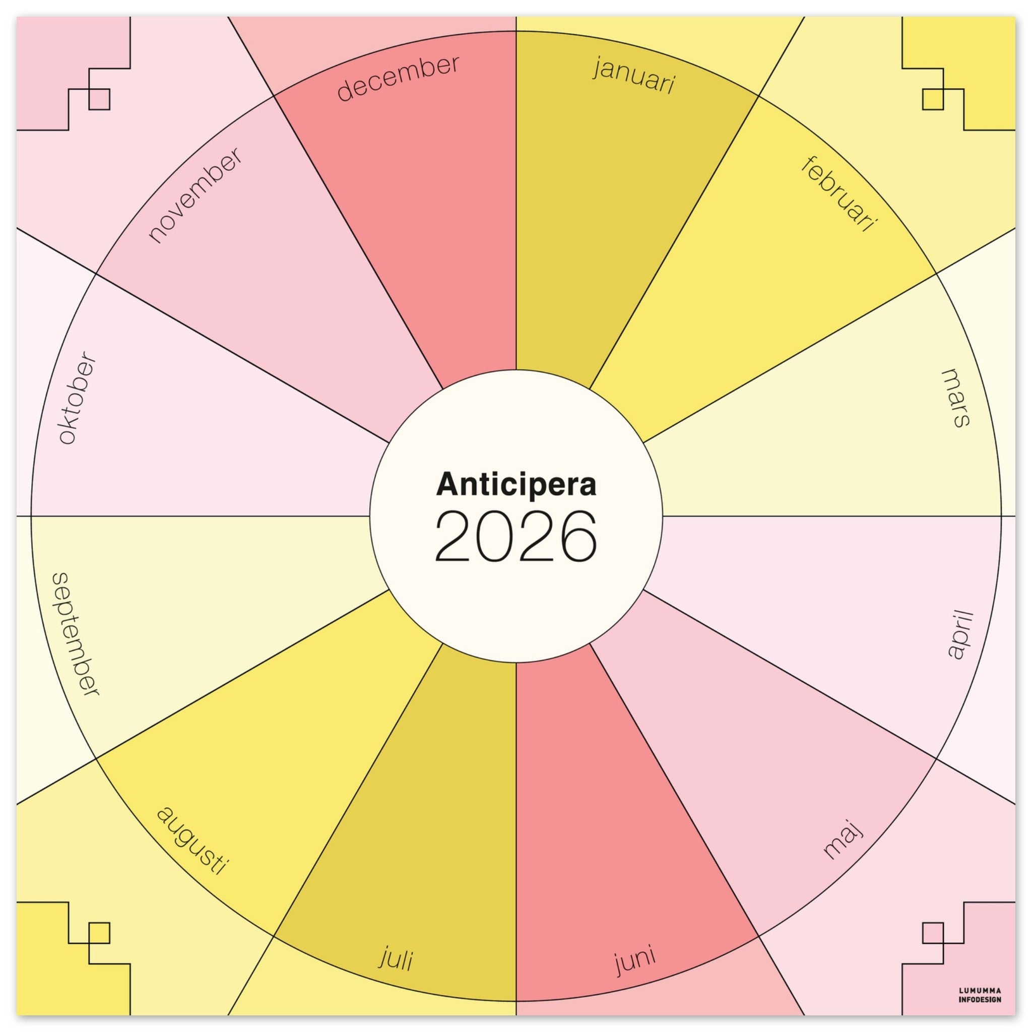 Anticipera väggplanerare i geometrisk stil och färgerna gammelrosa, ljusrosa och tre gula toner. I mitten står texten Anticipera 2026.