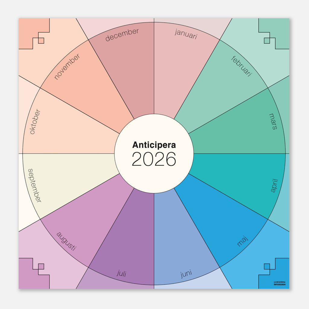 Anticipera väggplanerare i geometrisk stil och färger i toner av lila, offwhite, indigo, blått, turkos och grönt blandat med persika och gammelrosa.
