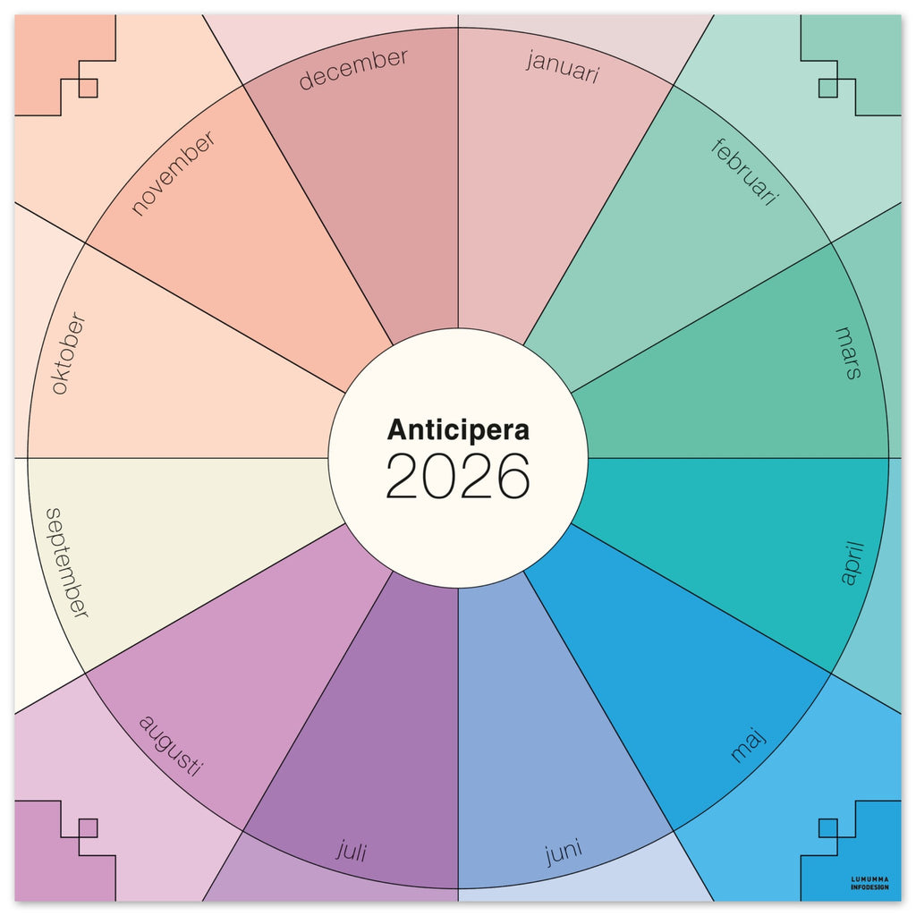 Anticipera väggplanerare i geometrisk stil och färger i toner av lila, offwhite, indigo, blått, turkos och grönt blandat med persika och gammelrosa.