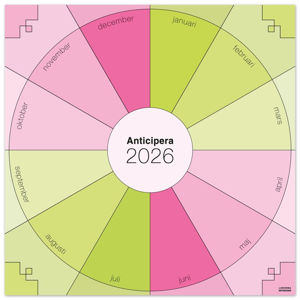 Anticipera väggplanerare i geometrisk stil och färgerna rosa, ljusrosa och limegrön. I mitten står texten Anticipera 2026.