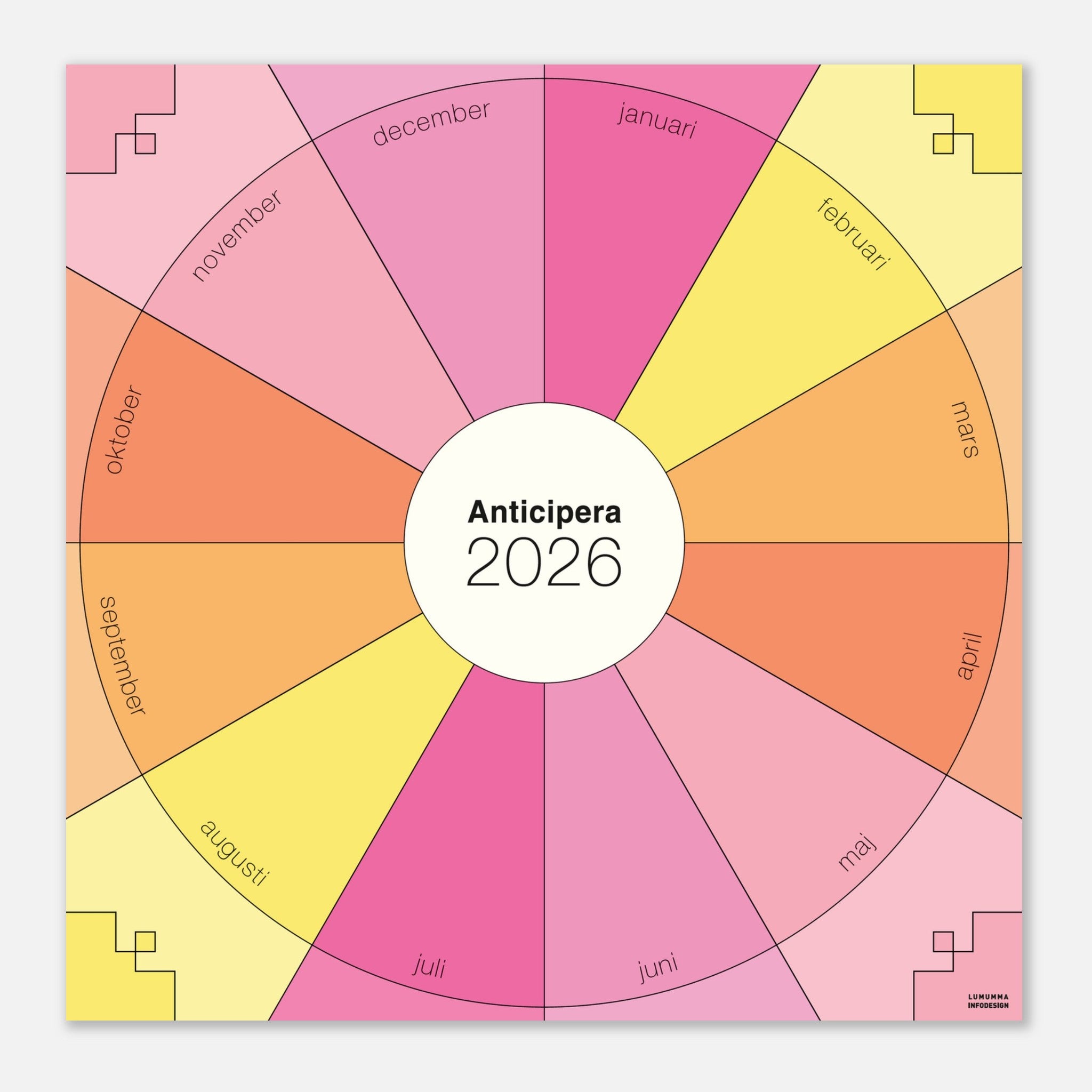 Anticipera väggplanerare i geometrisk stil och färgerna rosa, gammelrosa gul och orange. I mitten står texten Anticipera 2026. 