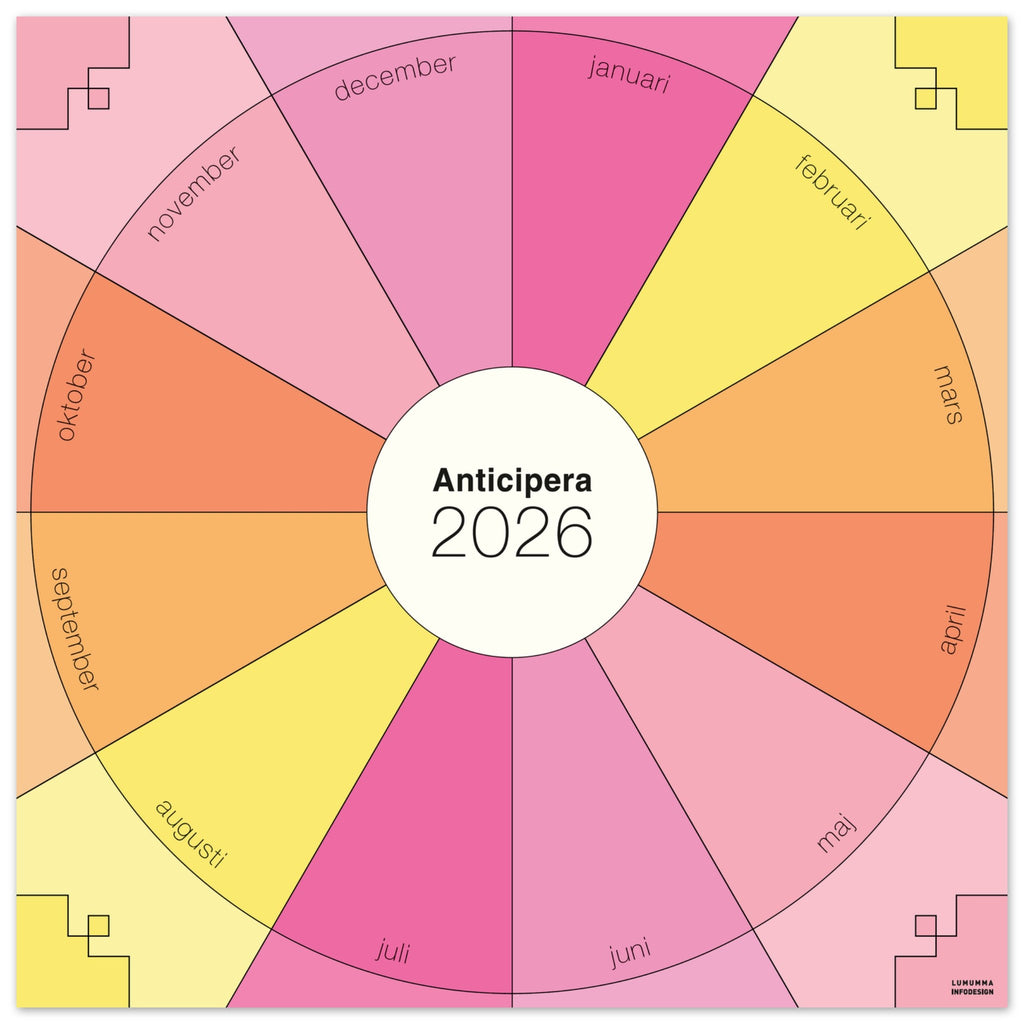 Anticipera väggplanerare i geometrisk stil och färgerna rosa, gammelrosa gul och orange. I mitten står texten Anticipera 2026. 
