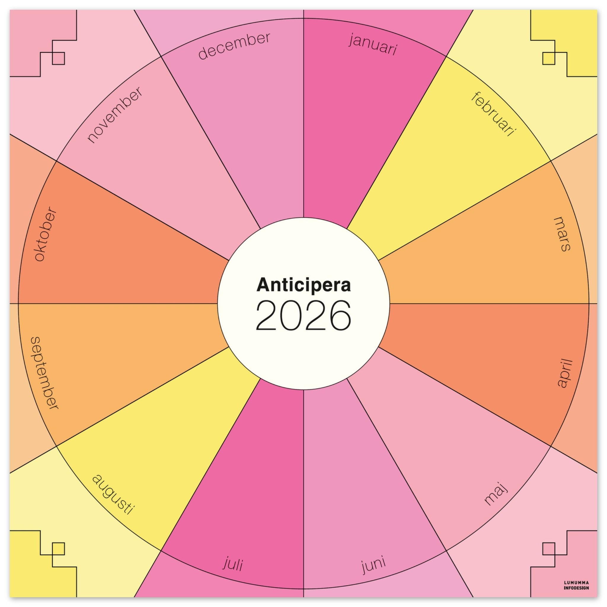 Anticipera väggplanerare i geometrisk stil och färgerna rosa, gammelrosa gul och orange. I mitten står texten Anticipera 2026. 