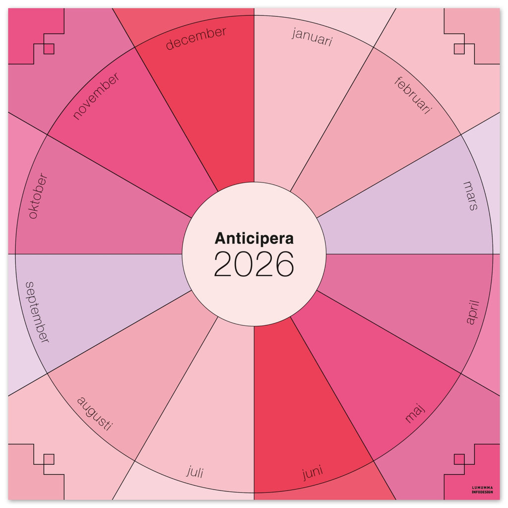 Väggplanerare årshjul i rosa, cerise, rosaröd,ljusrosa, lila och gammelrosa. I mitten av det geometriska årshjulet står det Anticipera 2026.