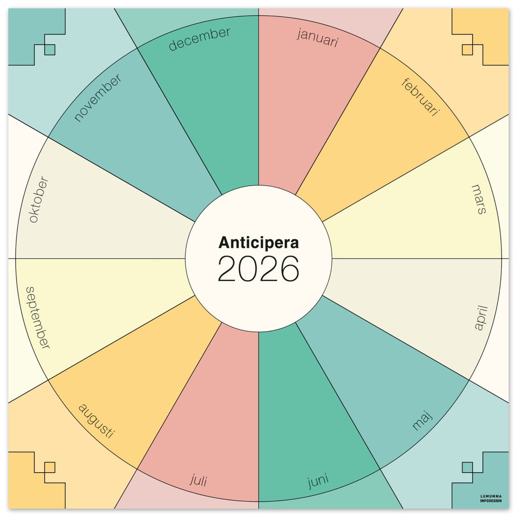 Anticipera väggplanerare  i geometrisk stil och färgerna gammelrosa, gult, offwhite, turkosgrön.