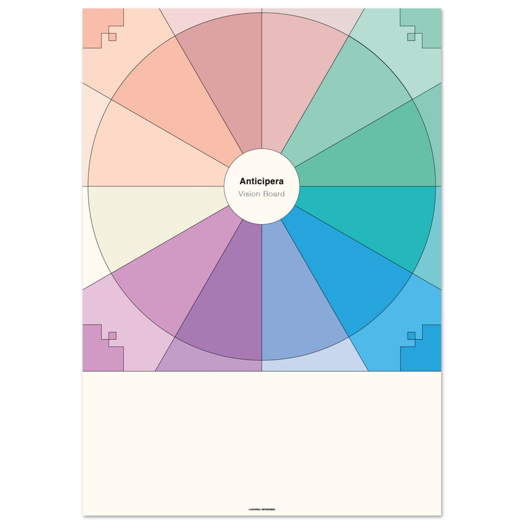 Anticipera Vision Board i geometrisk stil och färger i toner av lila, offwhite, indigo, blått, turkos och grönt blandat med persika och gammelrosa.