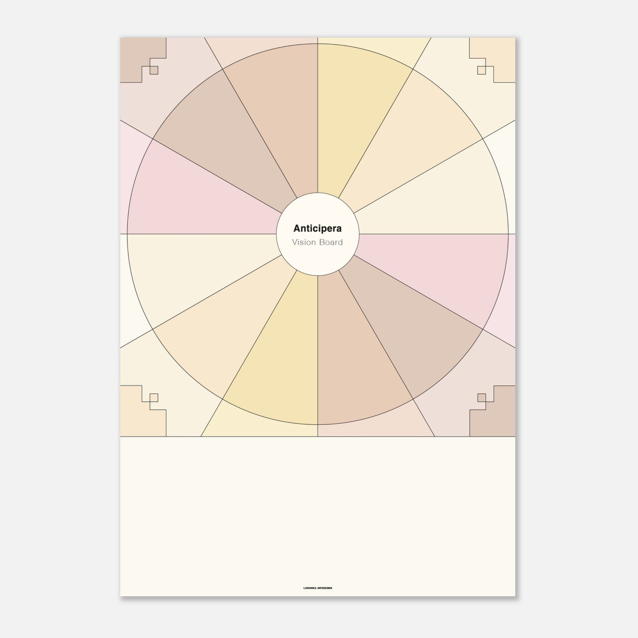 Vision Board i sex olika champagnefärger - från blek champagnegula toner till sparkling rosérosa. I mitten står det Anticipera Vision Board