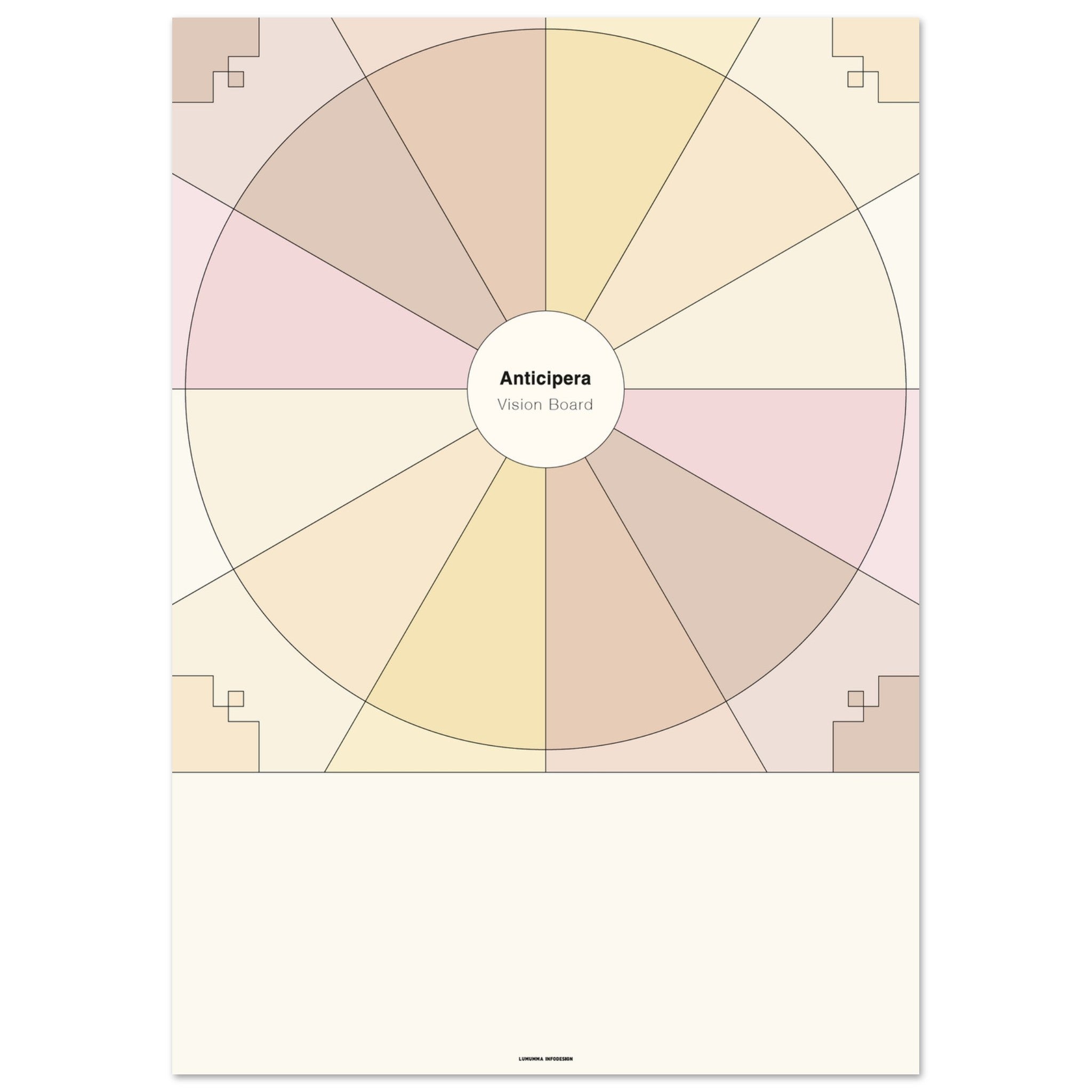 Vision Board i sex olika champagnefärger - från blek champagnegula toner till sparkling rosérosa. I mitten står det Anticipera Vision Board